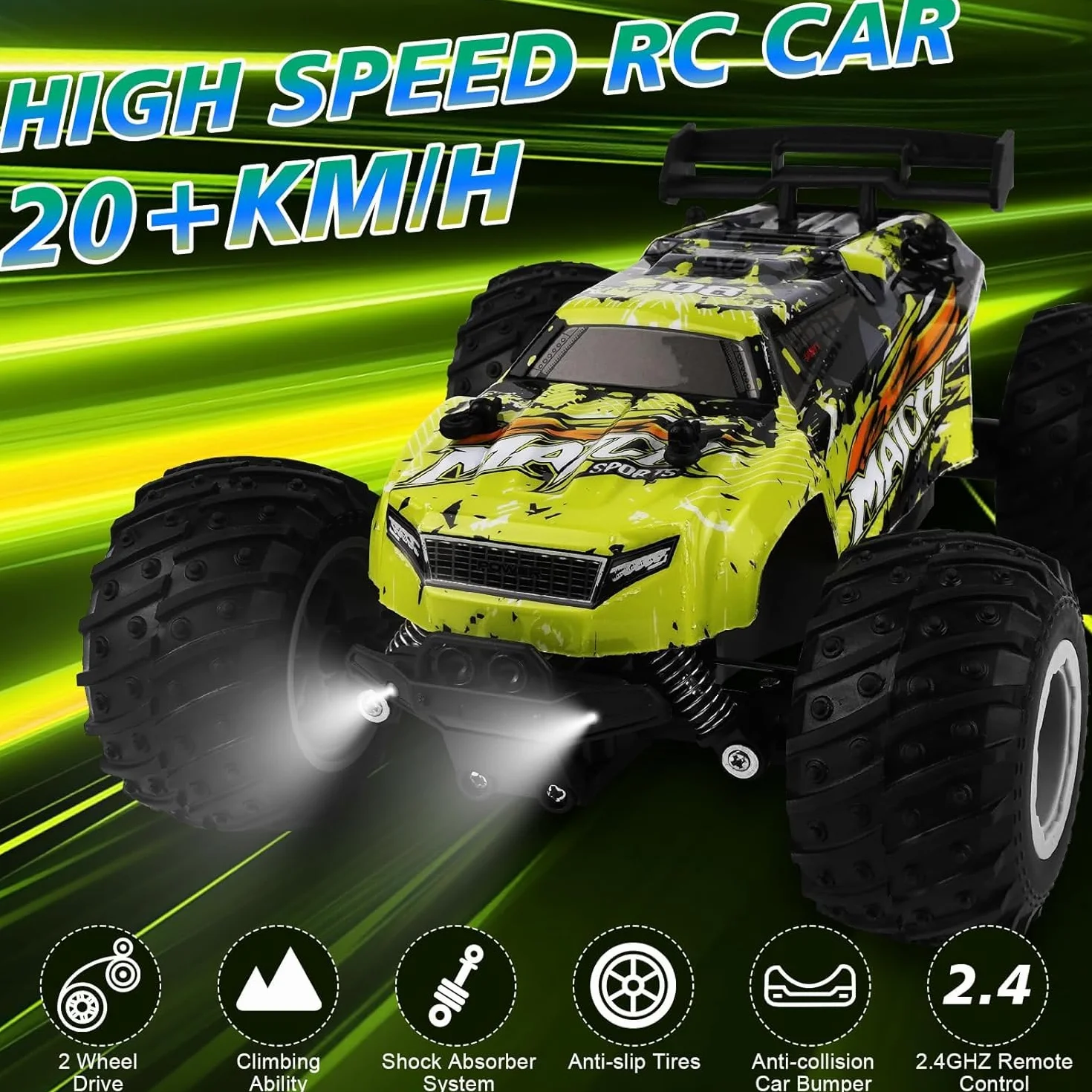 Coche Teledirigido Todoterreno 1:16, 20 km/h, Control 2.4Ghz, Luces LED Brillantes, Baterías Recargables, Juguete para Niños y Niñas de 6 a 12 Años, Regalo Ideal para Cumpleaños y Navidad
