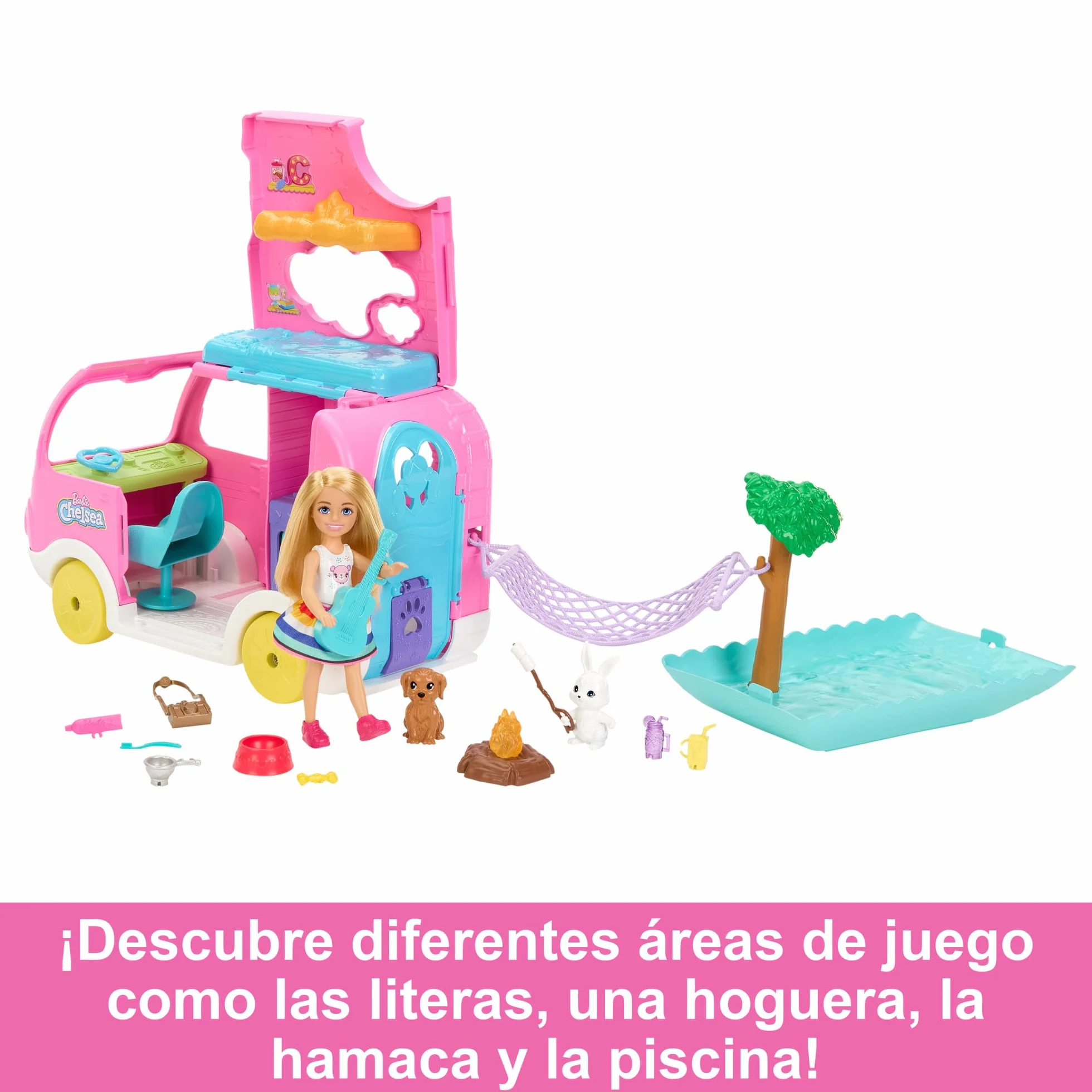 Barbie Chelsea con Furgoneta Camper Muñeca con Coche de Juguete Autocaravana y Accesorios, +3 años (Mattel HNH90)