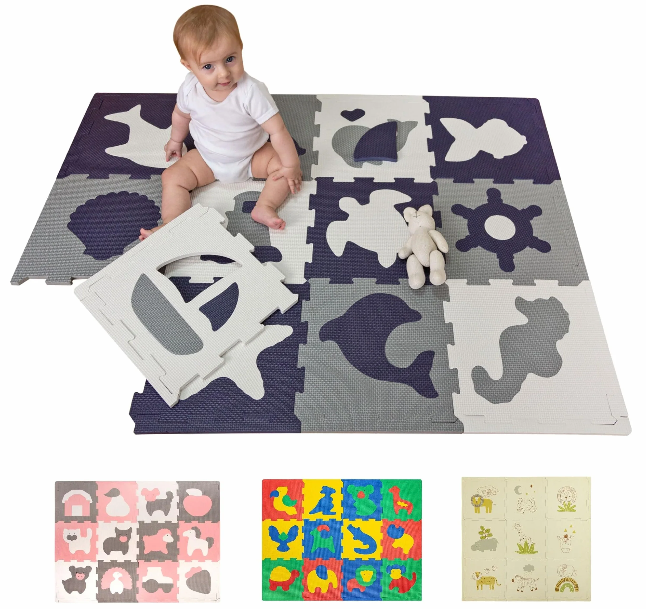 Hakuna Matte Alfombra Puzle Infantil de Espuma 1,2 x 0,9 m Motivo Mundo Marino – Set de 12 Piezas de 30x30 cm – Alfombra de Gateo Acolchada de Gran Grosor, Libre de Sustancias Nocivas