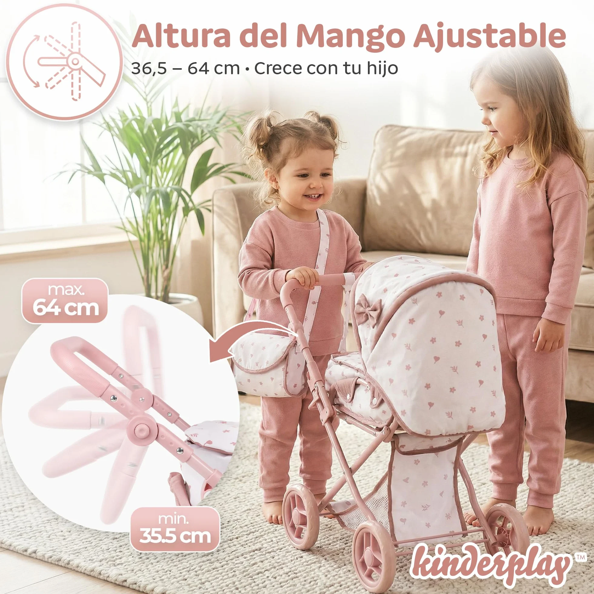 Kinderplay Cochecito de muñecas 3 en 1 Rosa con Bolsa de Transporte – Cochecito de muñeca Ajustable de 36,5 – 64 cm, Plegable, Ruedas de Espuma silenciosas, para muñecas de hasta 40 cm, a Partir de 3