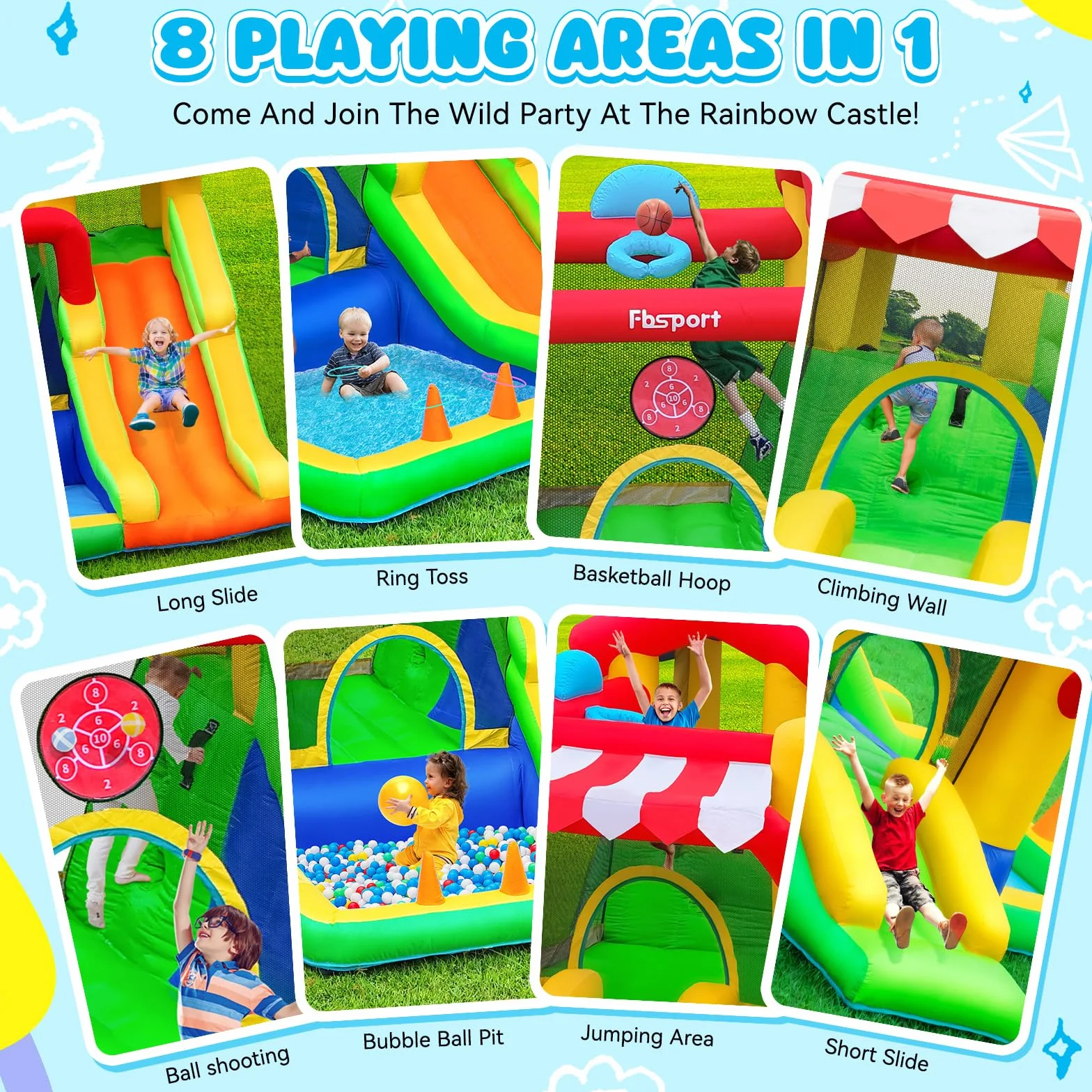 FBSPORT Castillo Hinchable para Niños con Doble Tobogán, Trampolín, Piscina de Bolas, Lanzamiento de Bolas, Muro de Escalada y Canasta de Baloncesto, para Jardín Interior Exterior, 322×305×208 cm