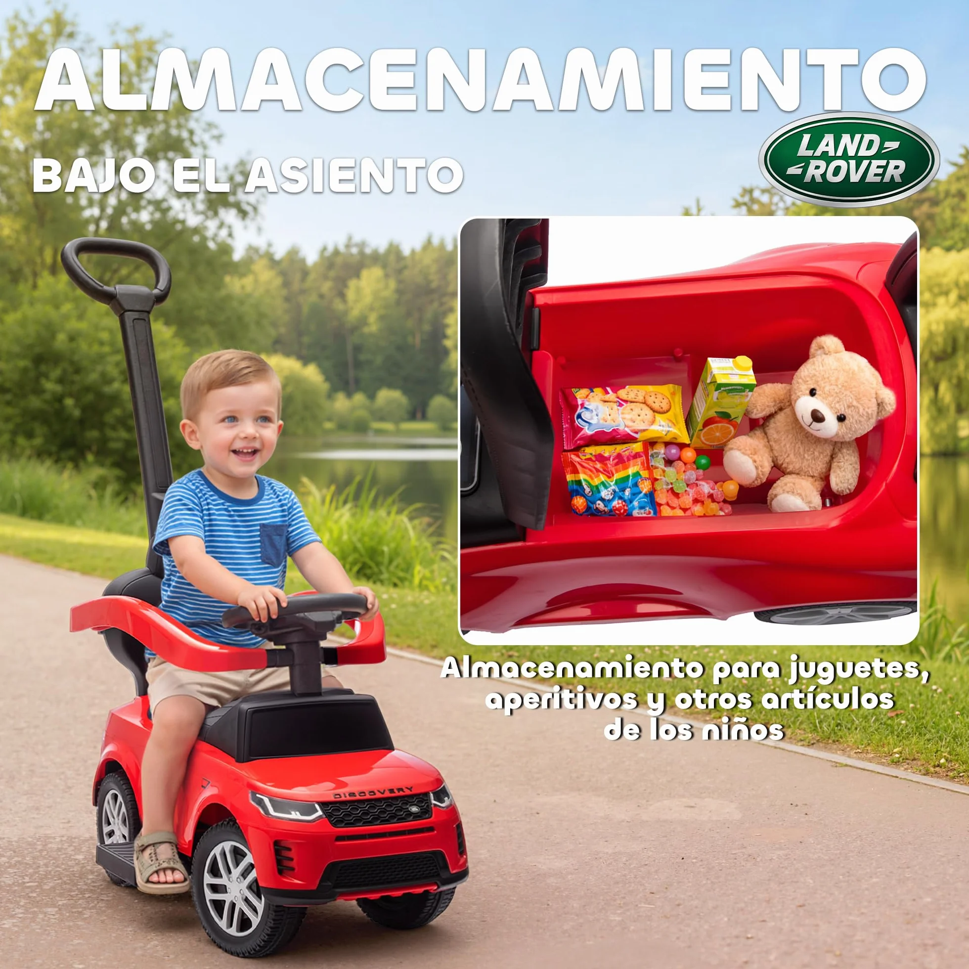 AIYAPLAY Coche Correpasillos 2 en 1 para Niños de 18-36 Meses Land Rover Discovery, Correpasillos con Espacio de Almacenaje, Bocina, Volante, Mango de Empuje y Barandilla Extraíbles, Rojo