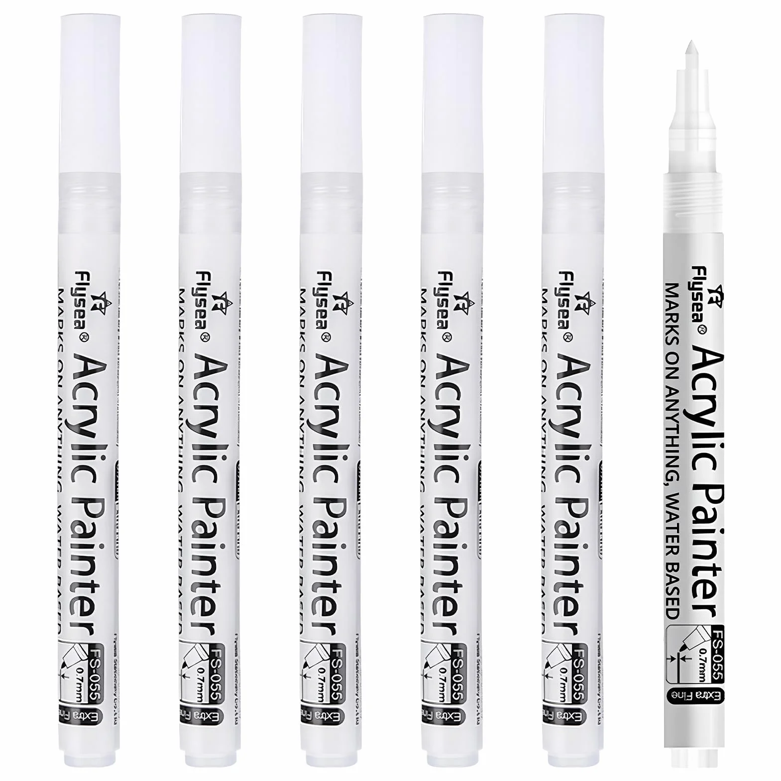 Lote de 6 rotuladores acrílicos blancos de secado rápido, punta de 0,7 mm, color blanco, punta fina, se pueden utilizar en diferentes superficies como papel madera, cáscaras de huevo, tela