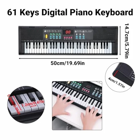 Teclado Piano 61 Teclas Teclado de Piano Digital con Micrófono Cable USB Altavoces Duales para Niños Principiantes