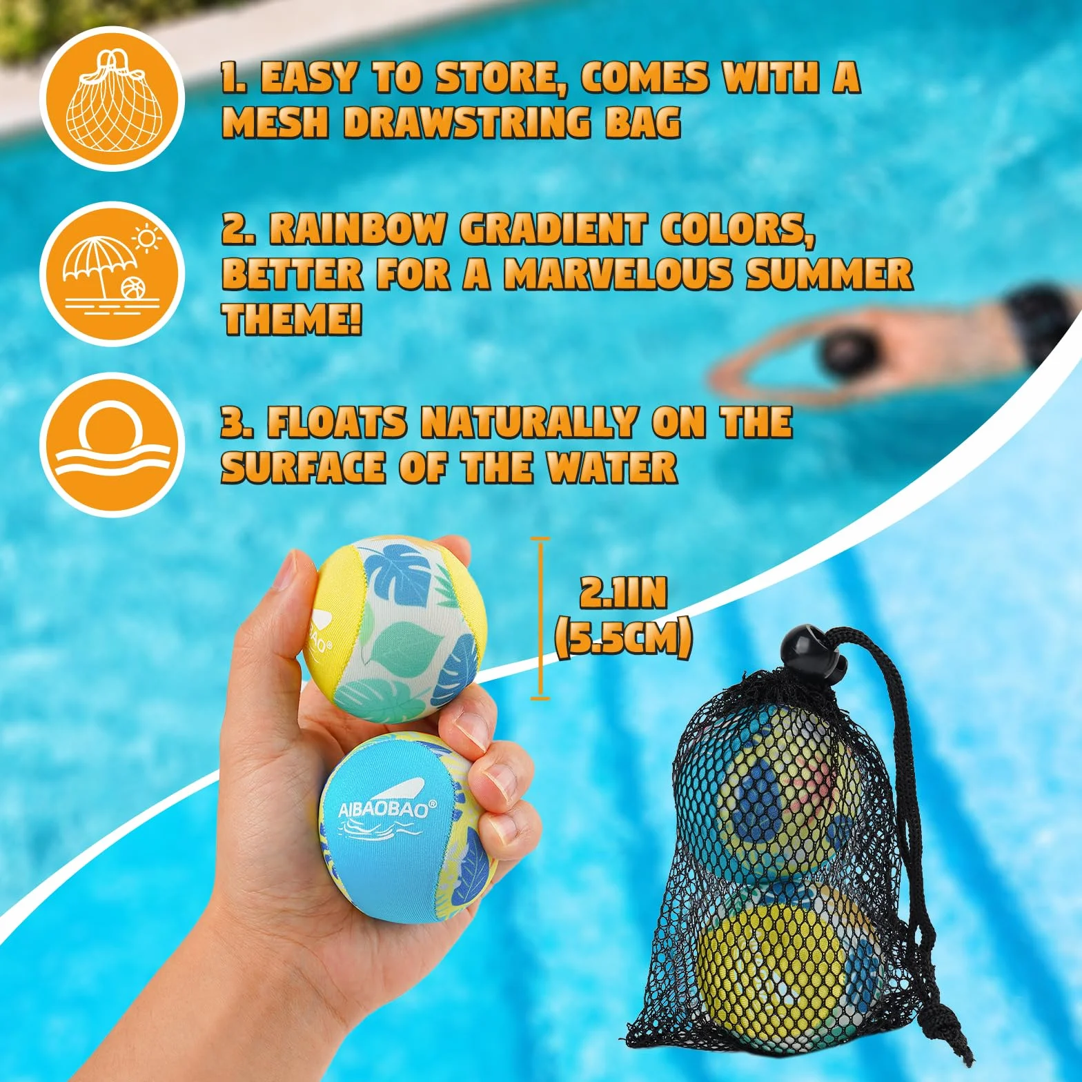 Pelota de Agua Que Rebota 2 PCS Ø55mm, Pelotas Saltarinas para Piscina y Playa, Reutilizables de Secado Rápido con Funda de Lycra, Juegos de Verano para Niños y Adultos (Amarillo + Azul)