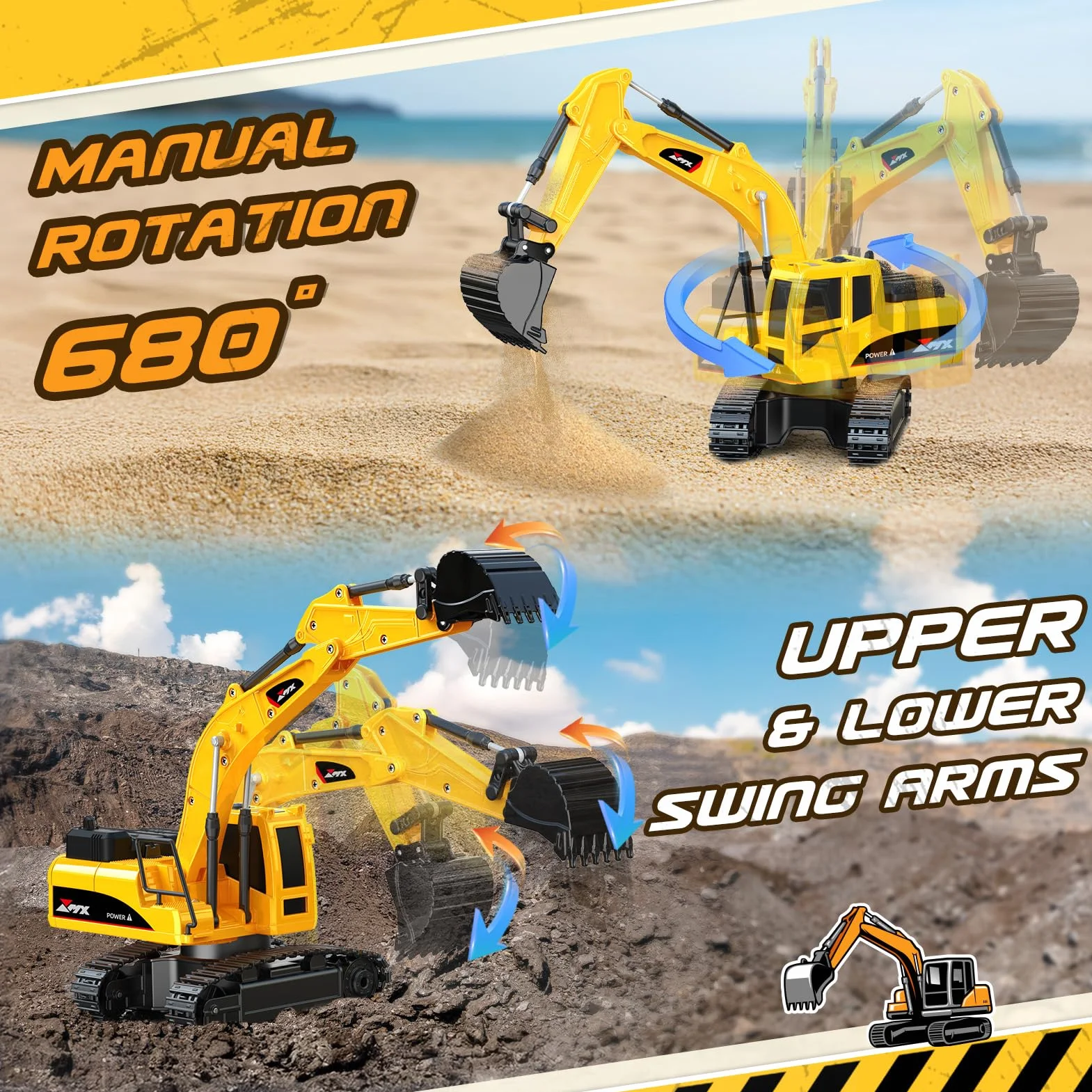 HappyGoLucky 1:24 Excavadora Juguete Teledirigido para Niños 3-9 Años, Camiones Juguete RC Teledirigido 2.4GHz con Grúa Torre y Señales de Tráfico, Luz LED, Mini Excavadora, Regalo Cumpleaños/Navidad