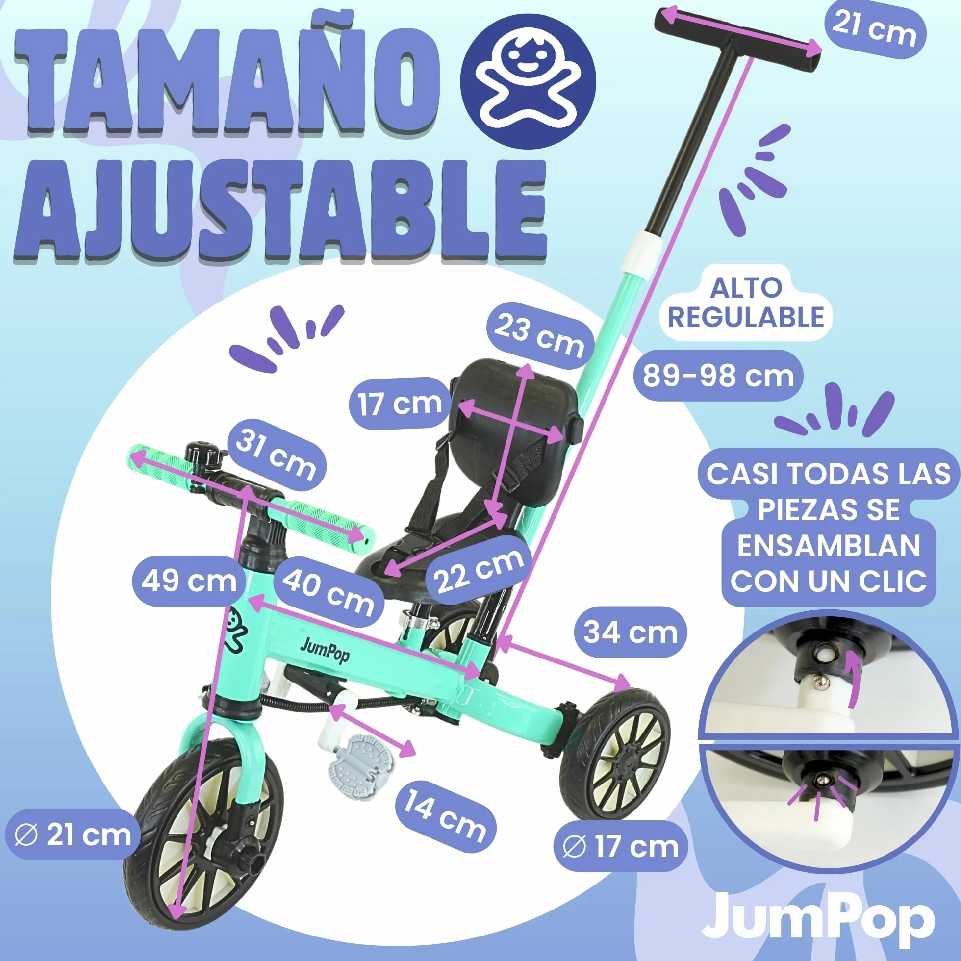 JumPop® Triciclo Evolutivo 5 en 1 + Timbre con Pegatinas y Vídeo Montaje QR incluído | Triciclo Bebe 1 Año a 4/5 Años(Dependiendo del tamaño) con Complementos Divertidos