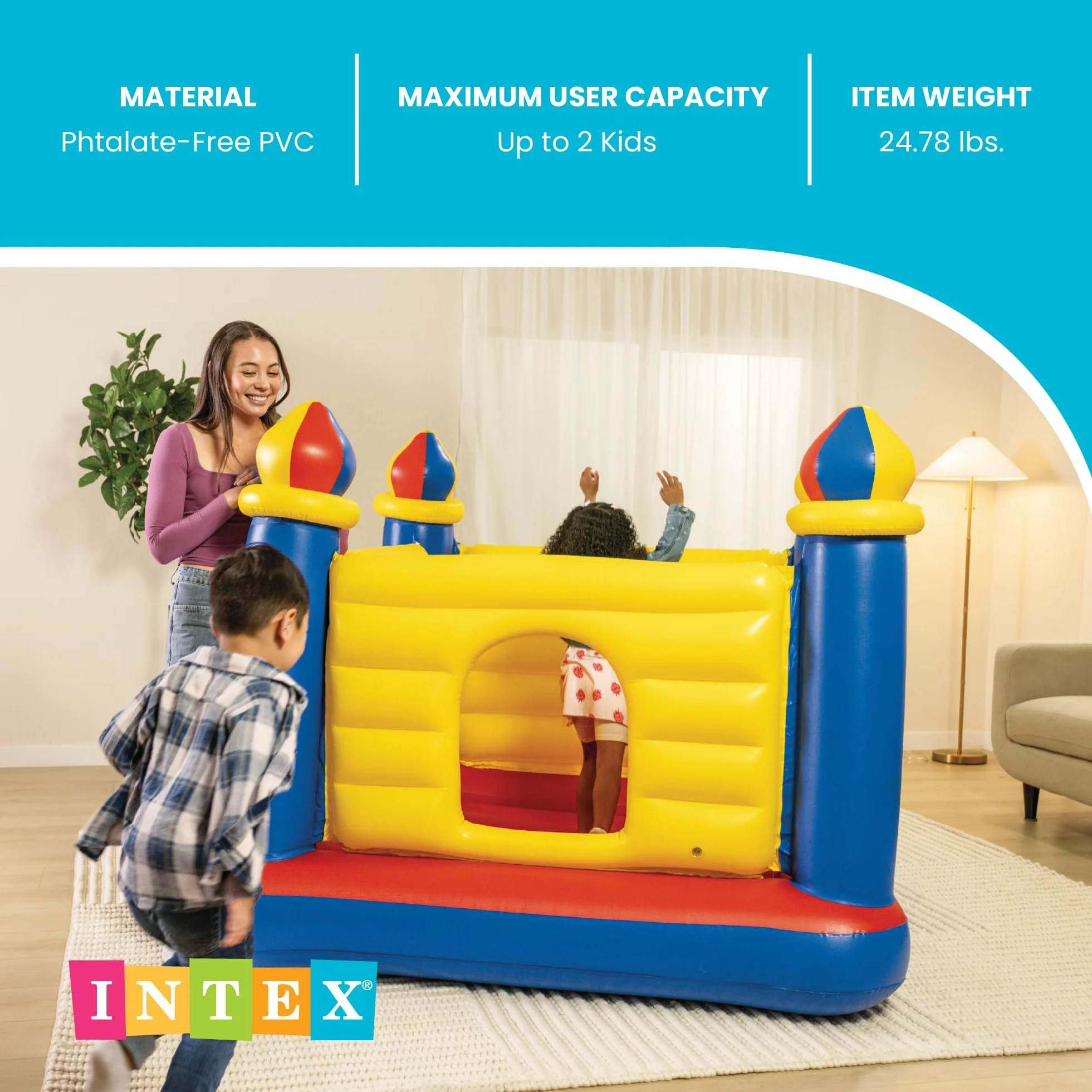 Intex 48259NP - Castillo hinchable INTEX, 175x175x135 cm, suelo hinchable, Para 2 niños, Peso máximo 45 Kg, Color rojo, amarillo y azul, Castillos hinchables infantiles