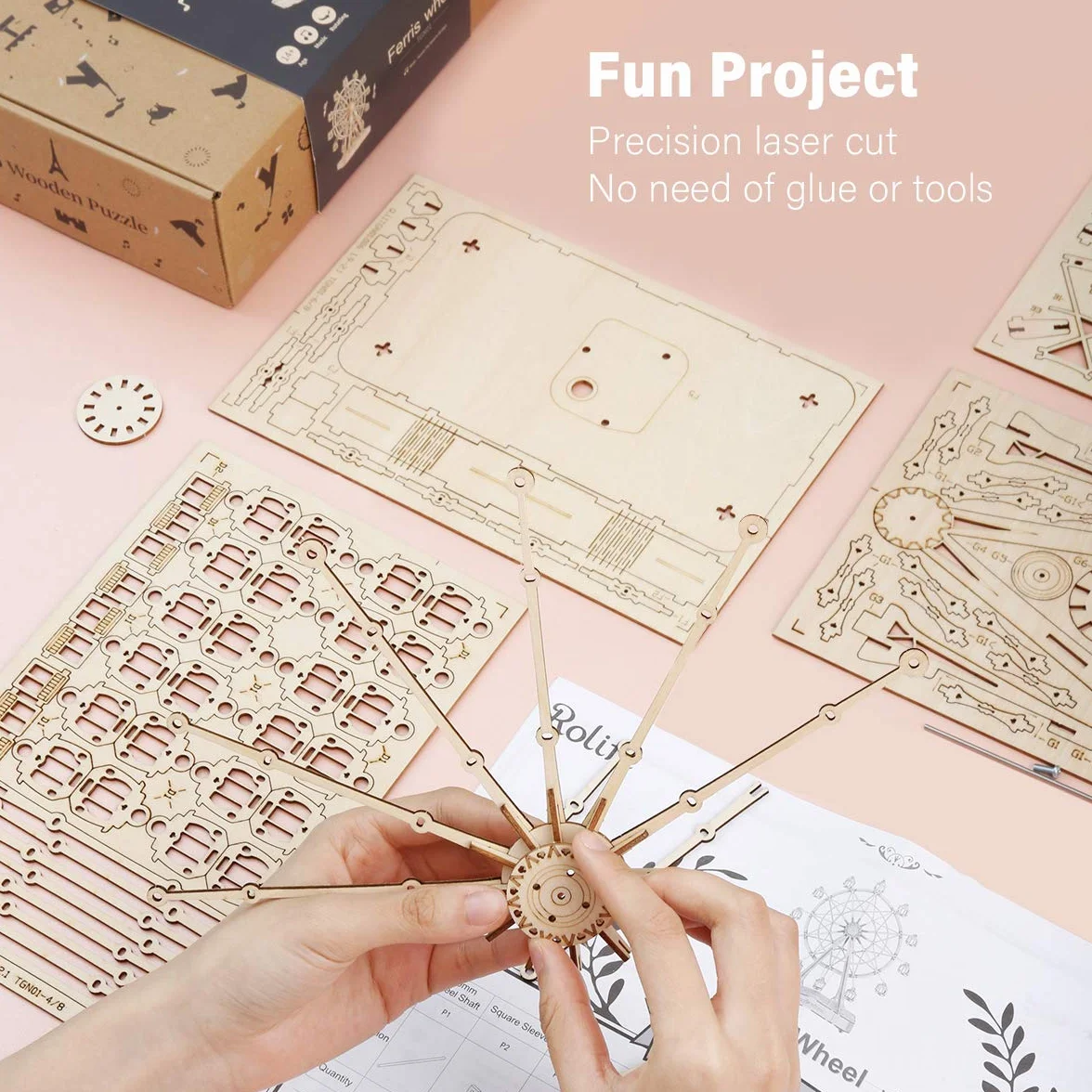 Rolife Modelos Mecánicos Kits Ferris Wheel con música Puzzle de Madera 3D para niños y Adultos