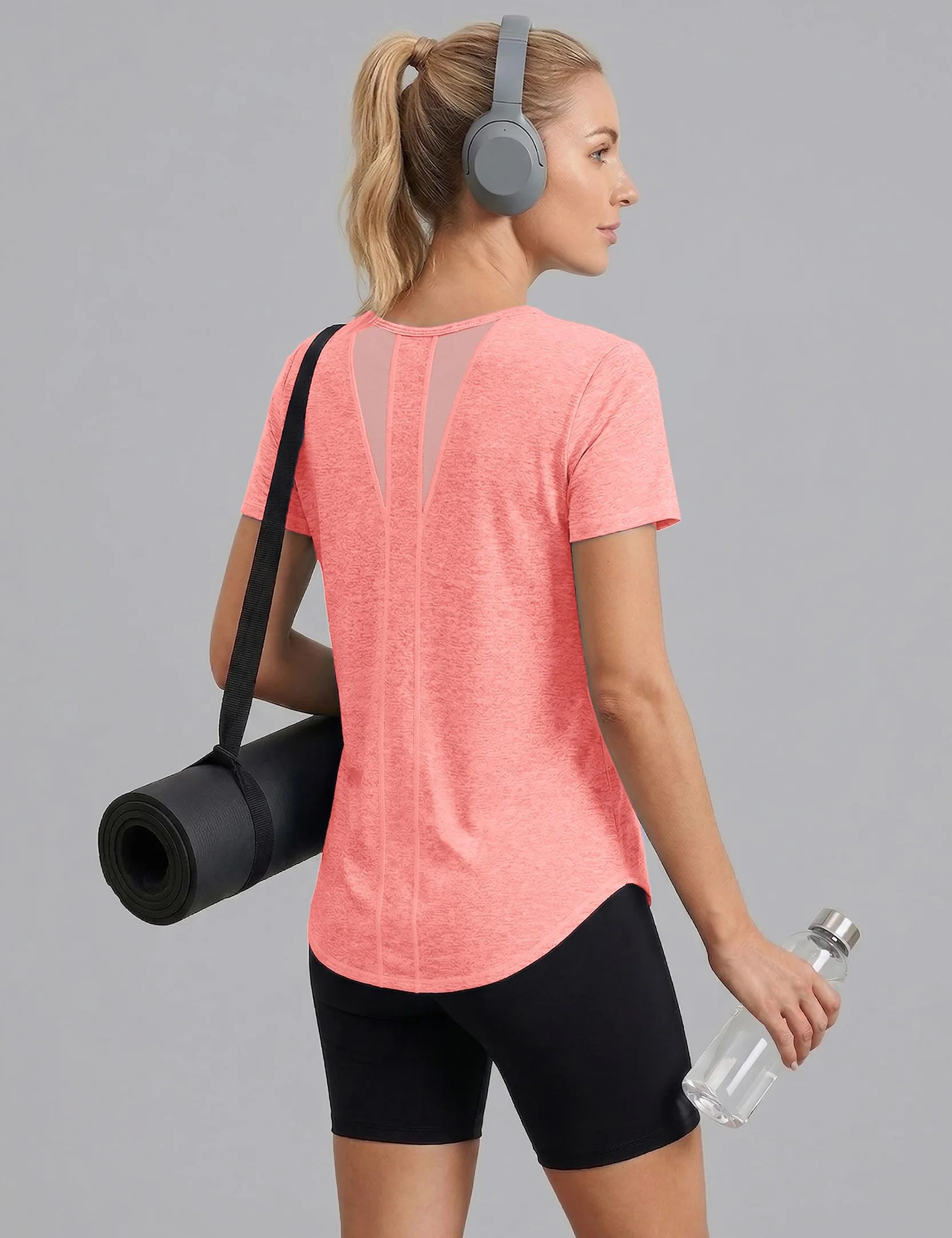 Camiseta Deportiva Mujer Manga Corta Cuello Redondo Secado Rápido Top Malla Transpirable Yoga