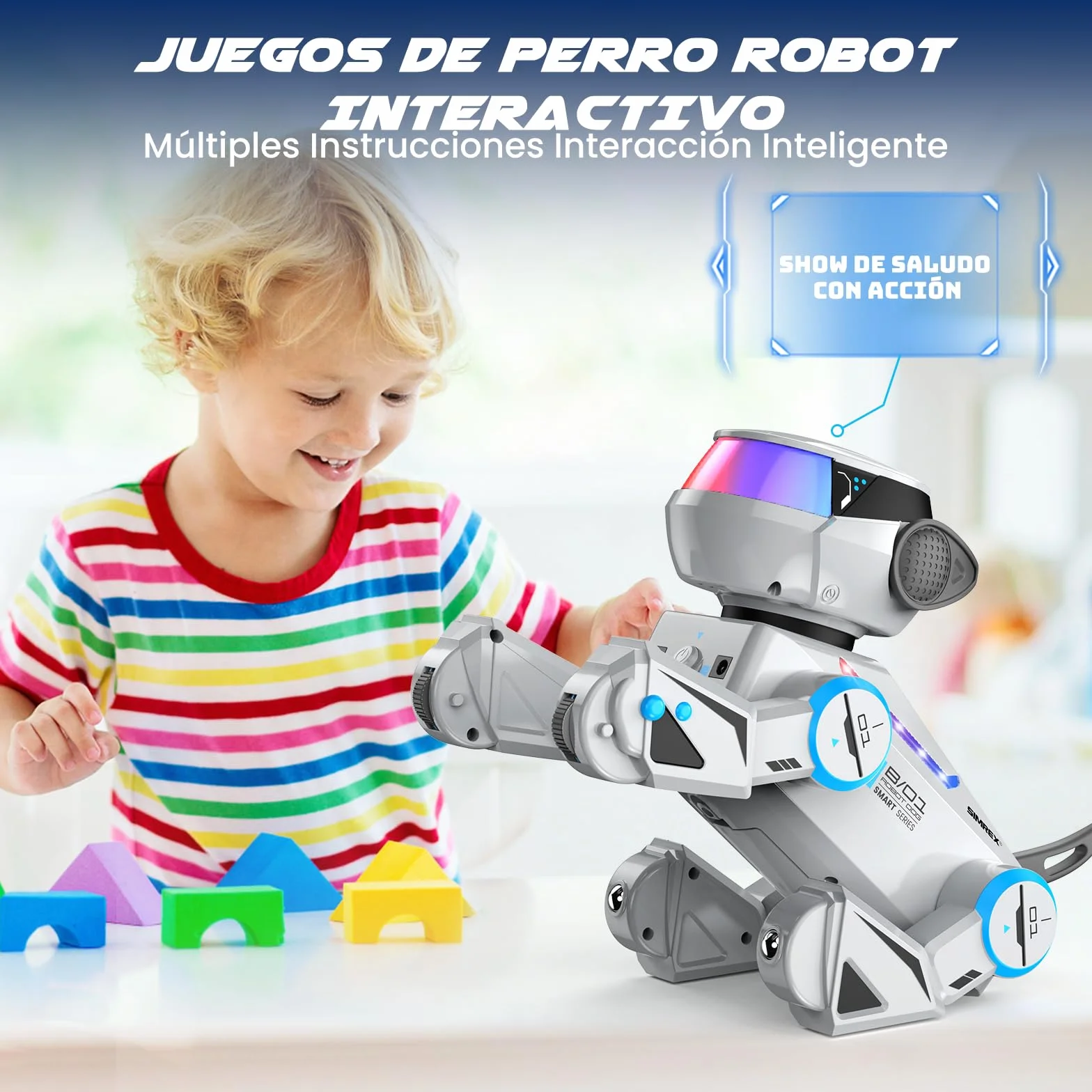 SIMREX Robot Perro Juguete Inteligente Interactivo con Sensor Táctil Control Remoto Bluetooth Ojos LED Gris