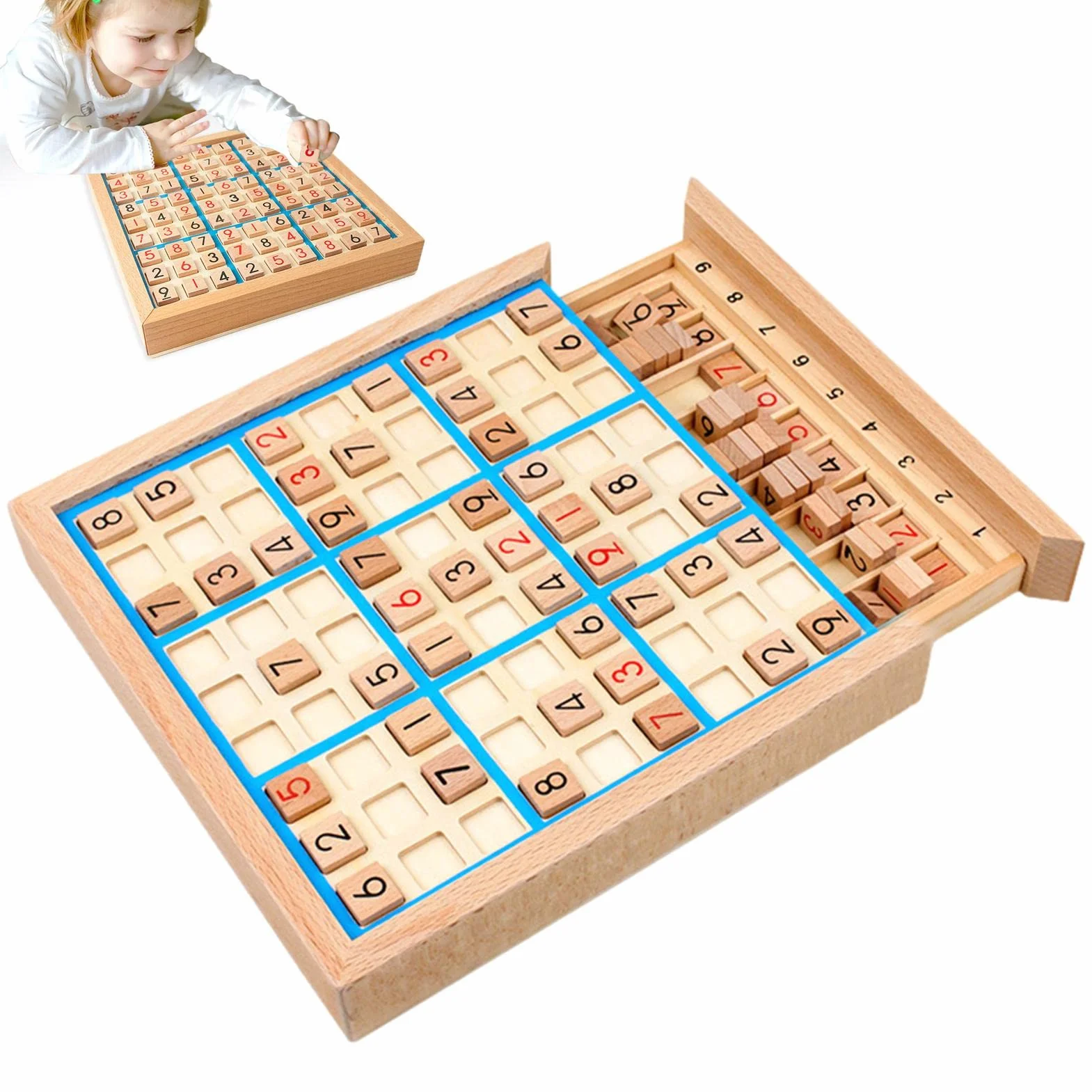 Mesa Sudoku Madera | Juguetes Rompecabezas matemáticas con cajón - Juego Familiar cuadrícula 9x9, Escritorio Math Brain Teaser