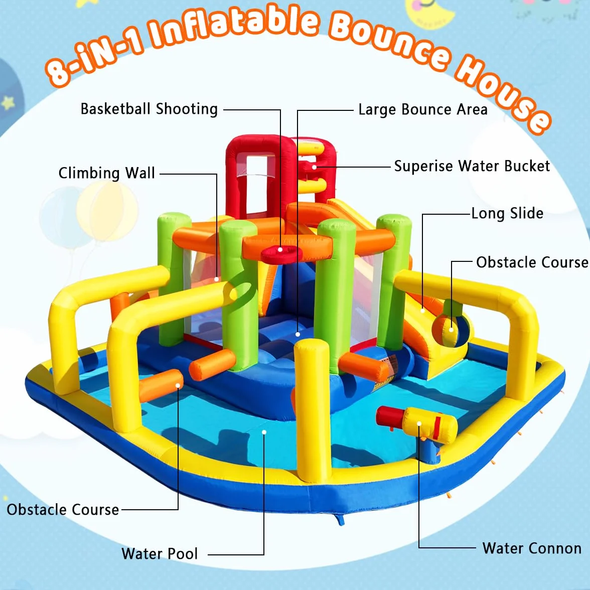 Baralir Castillo Hinchable XXL con tobogán acuático y soplador – Ideal para jardín, casa de Juegos niños al Aire Libre, Experiencia Segura en el Patio de recreo