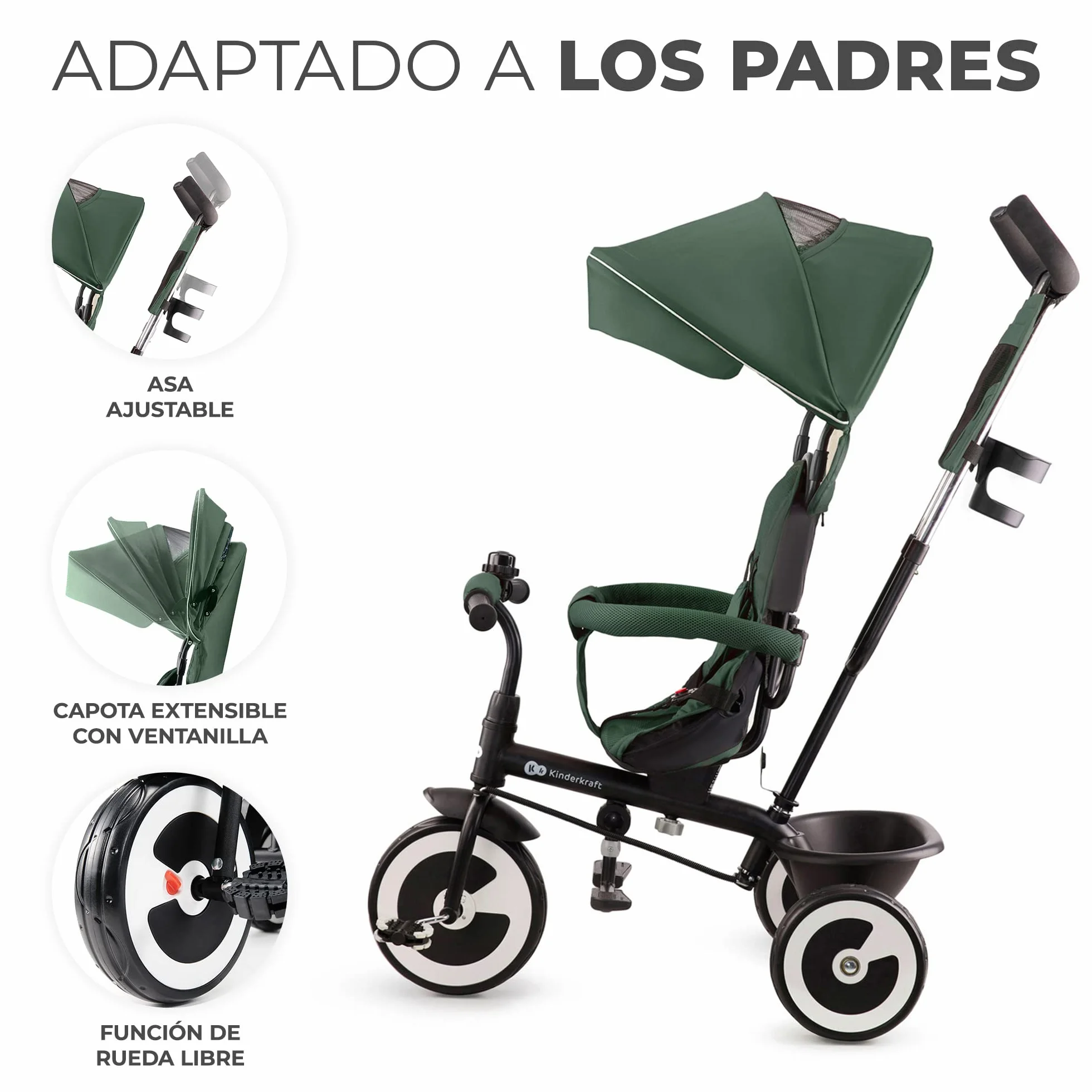 Kinderkraft Aston Triciclo Evolutivo, Bicicleta Sin Pedales, Bicicleta Bebe, para Niños, Cinturón, con Accesorios, Portavasos, Cesta, 9 Meses a 25 kg, Verde