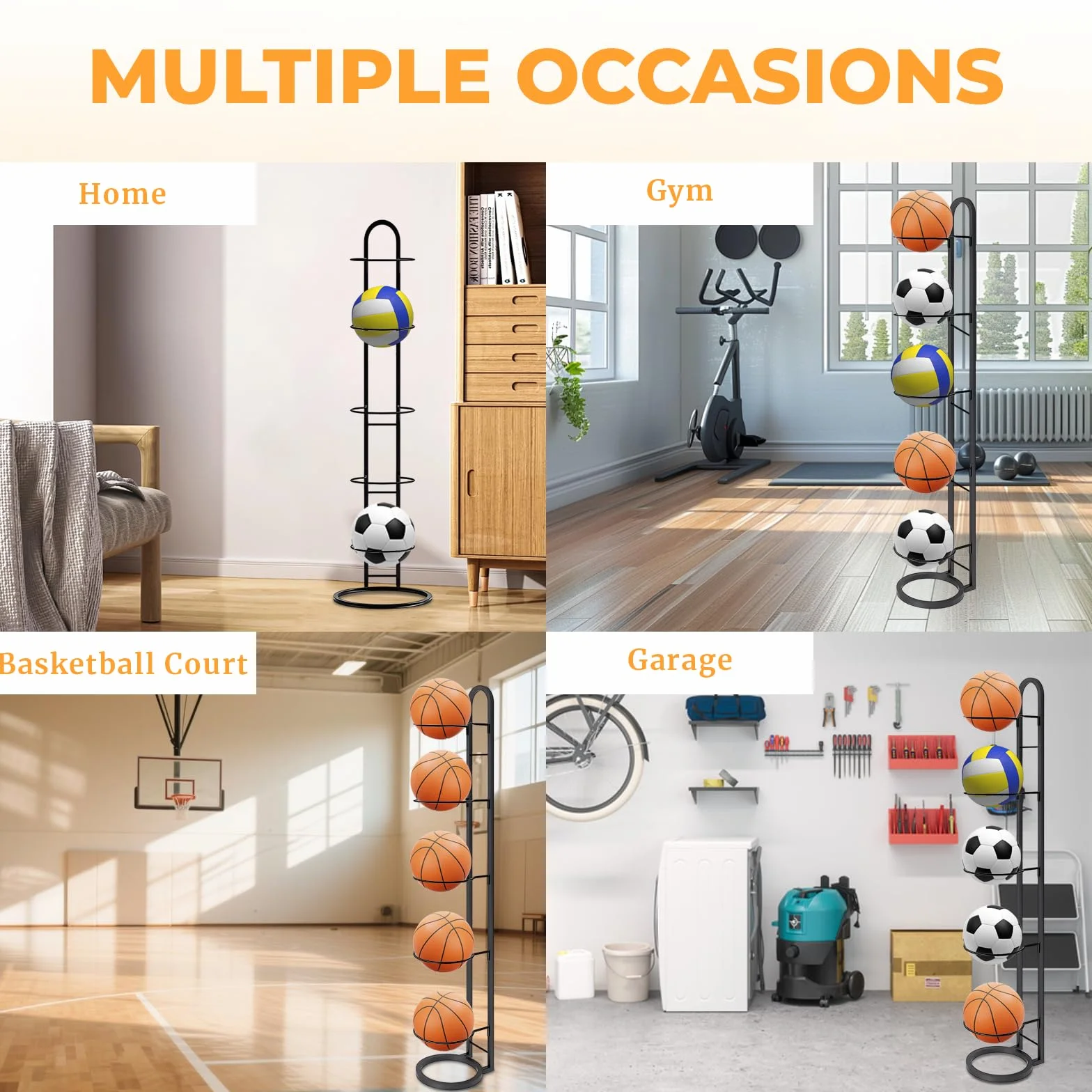 LURICO Soporte vertical para pelotas de 5 niveles, estante de almacenamiento para baloncesto, fútbol y voleibol