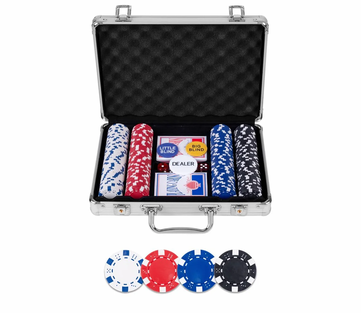 Engelhart - 320905 - Set Completo de póker con maletín metálico Plateado, 200 fichas de 11.5g sin numerar, 2 Barajas, 3 Botones de repartidor y 5 Dados