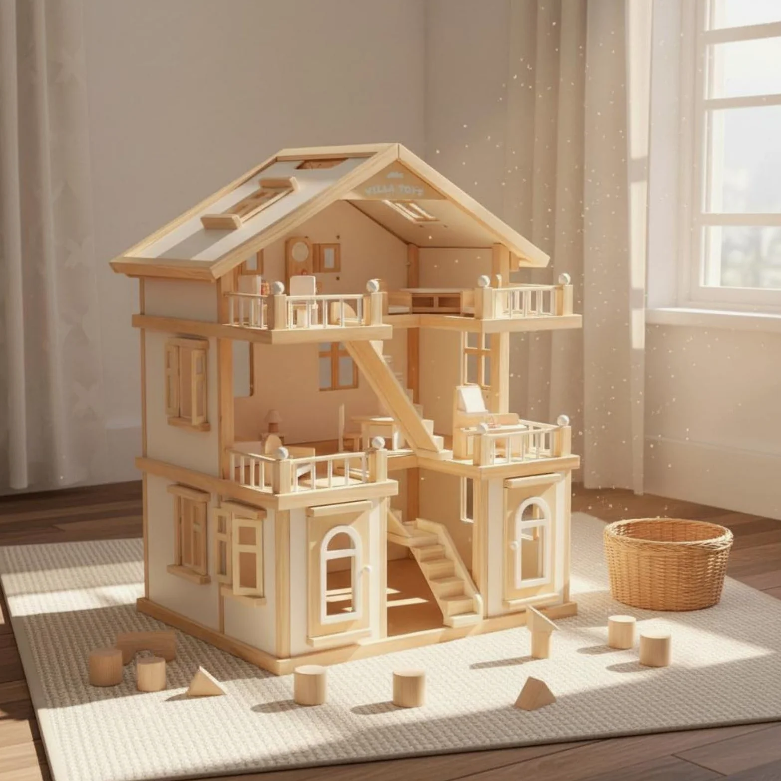 Casa de Muñecas de Madera Casa de Juego de Juguete Hogar en Miniatura Juego de rol Material de Madera con Detalles de Puertas y Techo Adecuada para Niños Educativa Hogar, Blanco