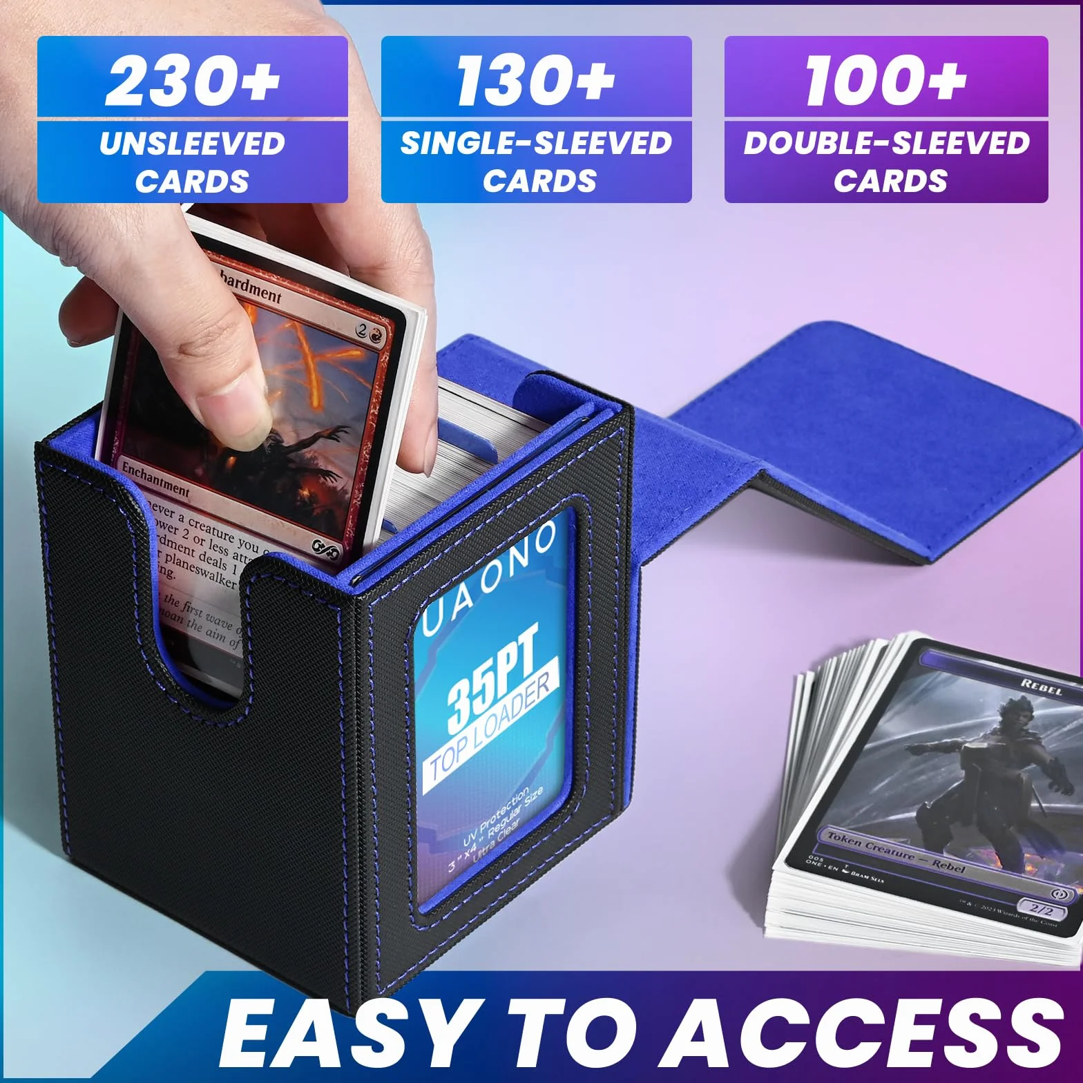 UAONO Caja de cartas con pantalla MTG Commander, funda para más de 100 tarjetas de doble manga, caja de almacenamiento de tarjetas coleccionables para TCG/PTCG/Sports con 2 divisores, 1 cargador
