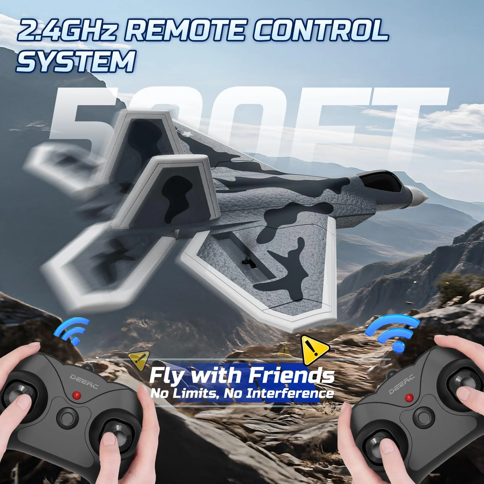 DEERC 2CH F22 Avion Teledirigido con Luces, Avión RC Combate Control Remoto, Planeador RTF con Estabilizador Giroscópico de 6 Ejes de 2.4 GHz y 2 Baterías, Fácil de Volar para Niños y Principiantes.