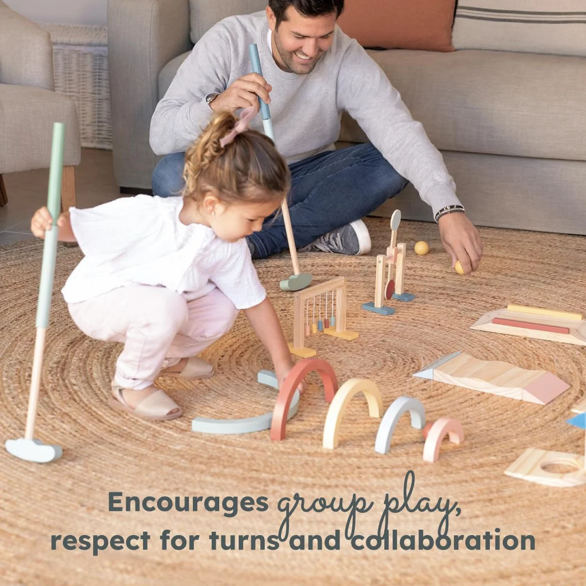 Beeloom – Mini Golf de Madera para Niños, Juego Educativo con Palos, Bolas y Obstáculos, Portátil para Interior y Exterior, Juguete Simbólico Multicolor, +3 Años