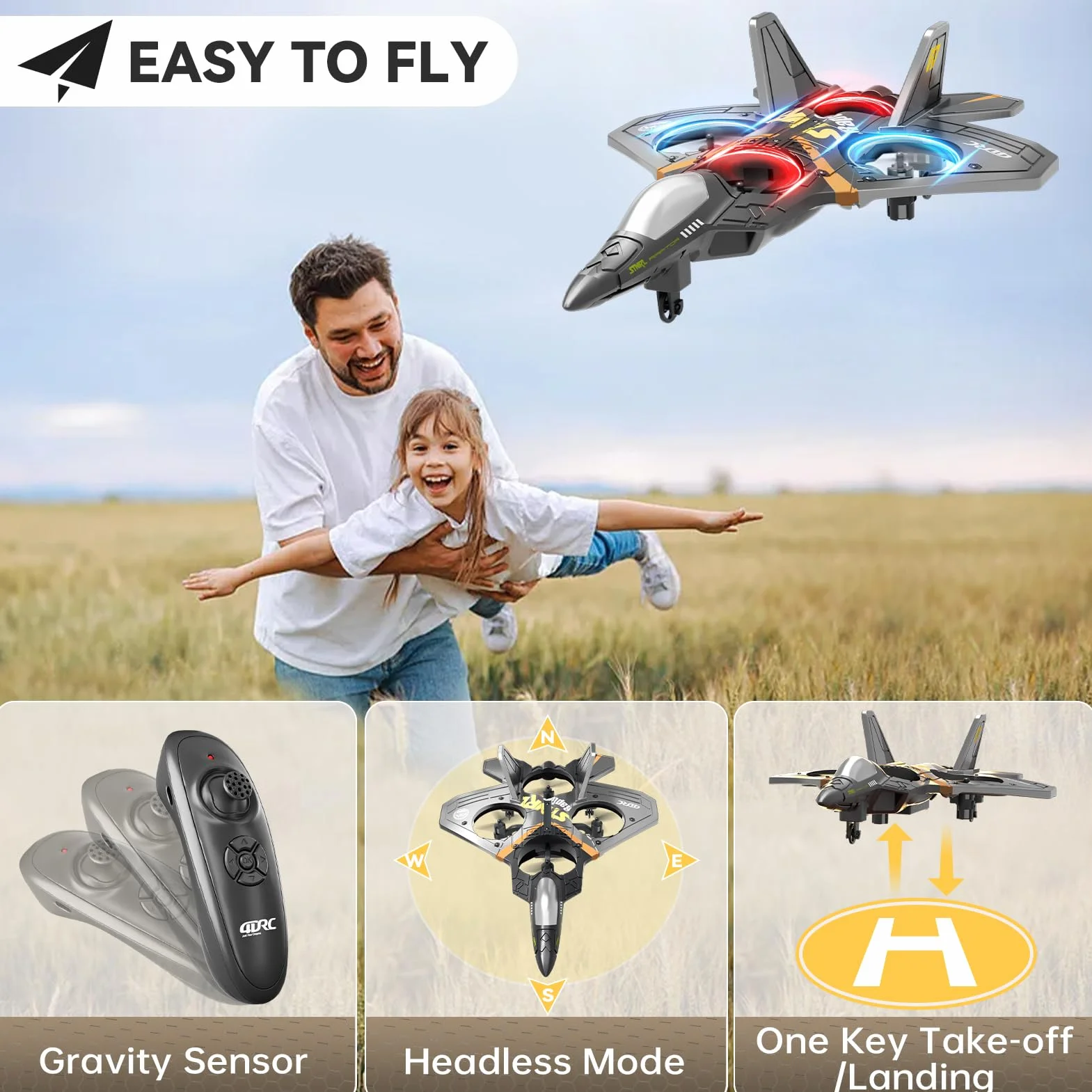 4DRC V17 - Avión teledirigido de 6 Canales, con función Gravity Sensing Stunt Roll Cool Light, avión teledirigido de 2,4 GHz, Planeador Volante a Distancia, fácil de pilotar para Adultos, niños