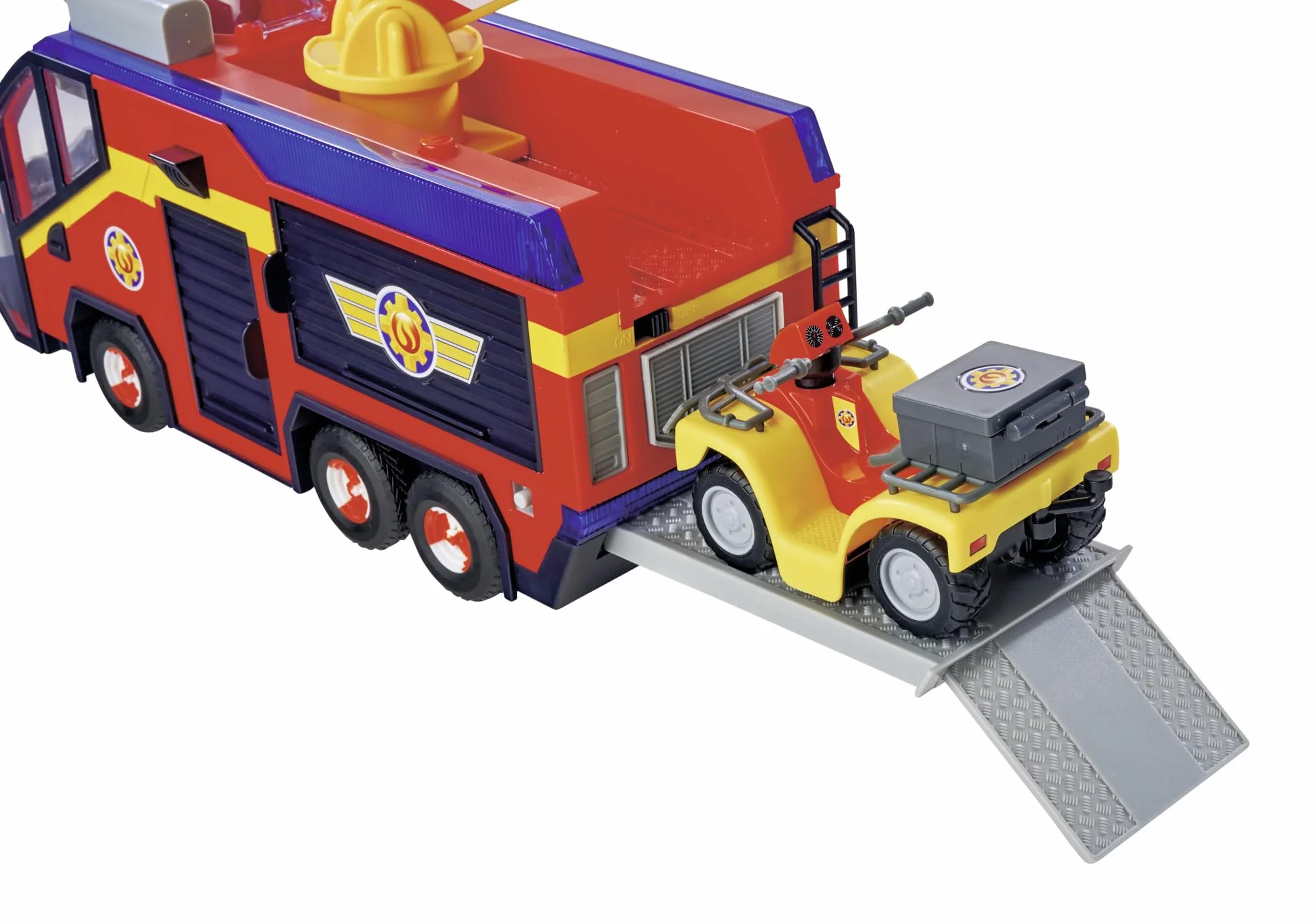 Simba 109252595 Figura de Júpiter Bombero, camión de Bomberos, Sam y Radar, Efectos de luz, Sirena, Escalera giratoria, Flechas de Agua, Plataforma para Quad, 32 cm, Accesorios, a Partir de 3 años