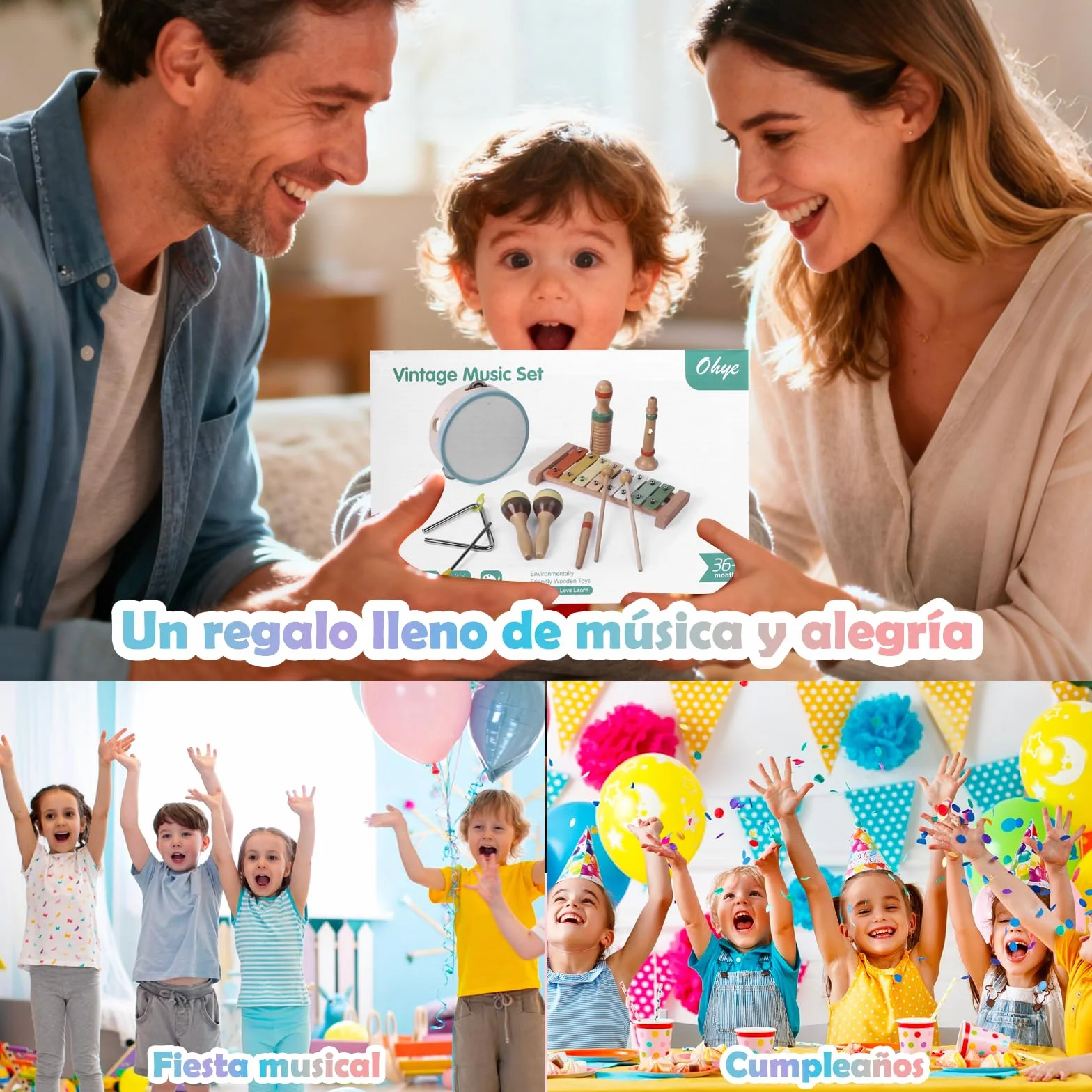 Instrumentos Musicales de Madera para Niños de 3 4 5 Años, Set Montessori de 12 Piezas con Xilófono, Pandereta, Maracas, Triángulo y Güiro, Percusión Infantil