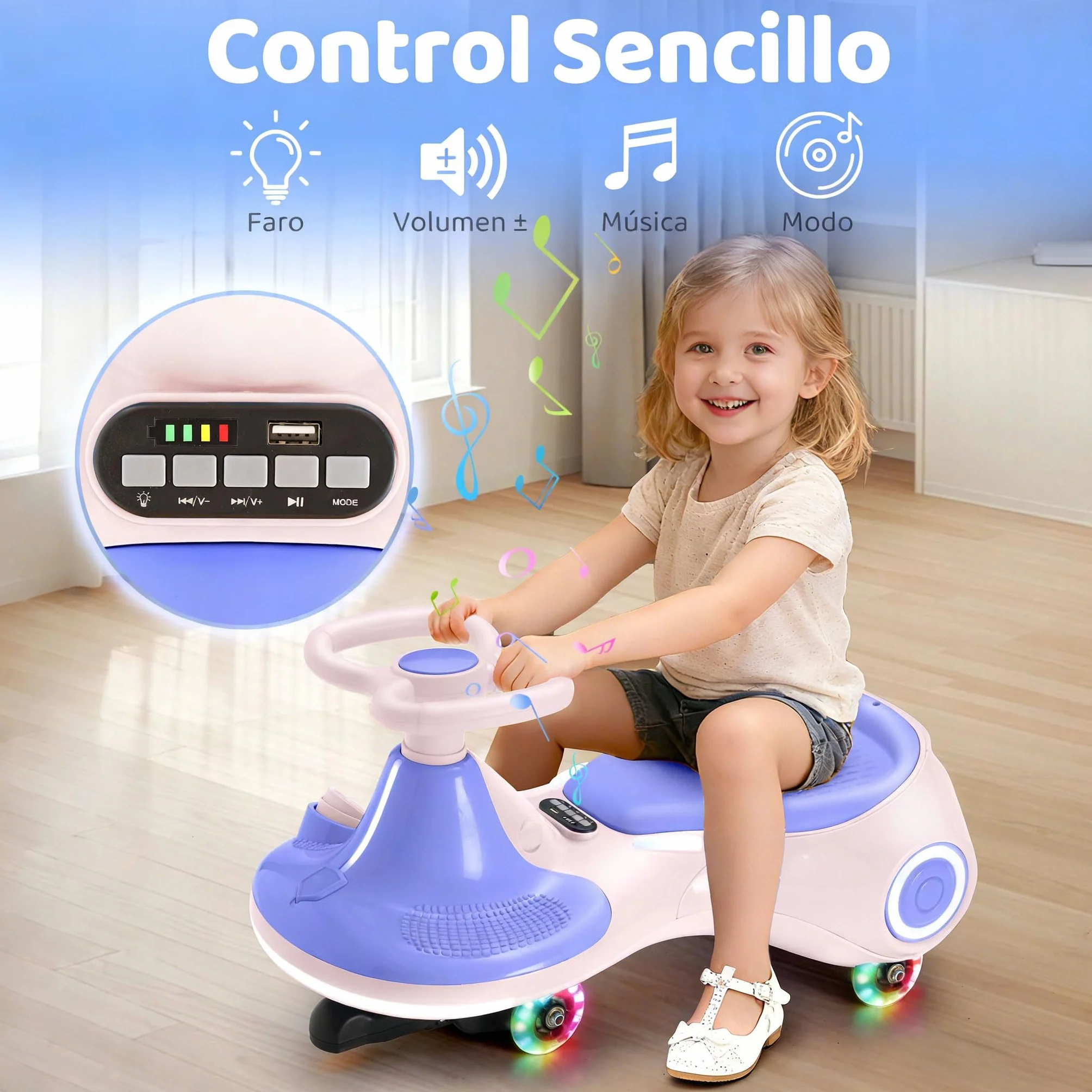 Coche eléctrico Infantil 12V, Juguete montable 3 en 1 con Pedal, batería Recargable, 3 Modos, antivuelco, Ruedas Luminosas, música, Edades 3-8 años, 30-70 kg, Rosa Morado