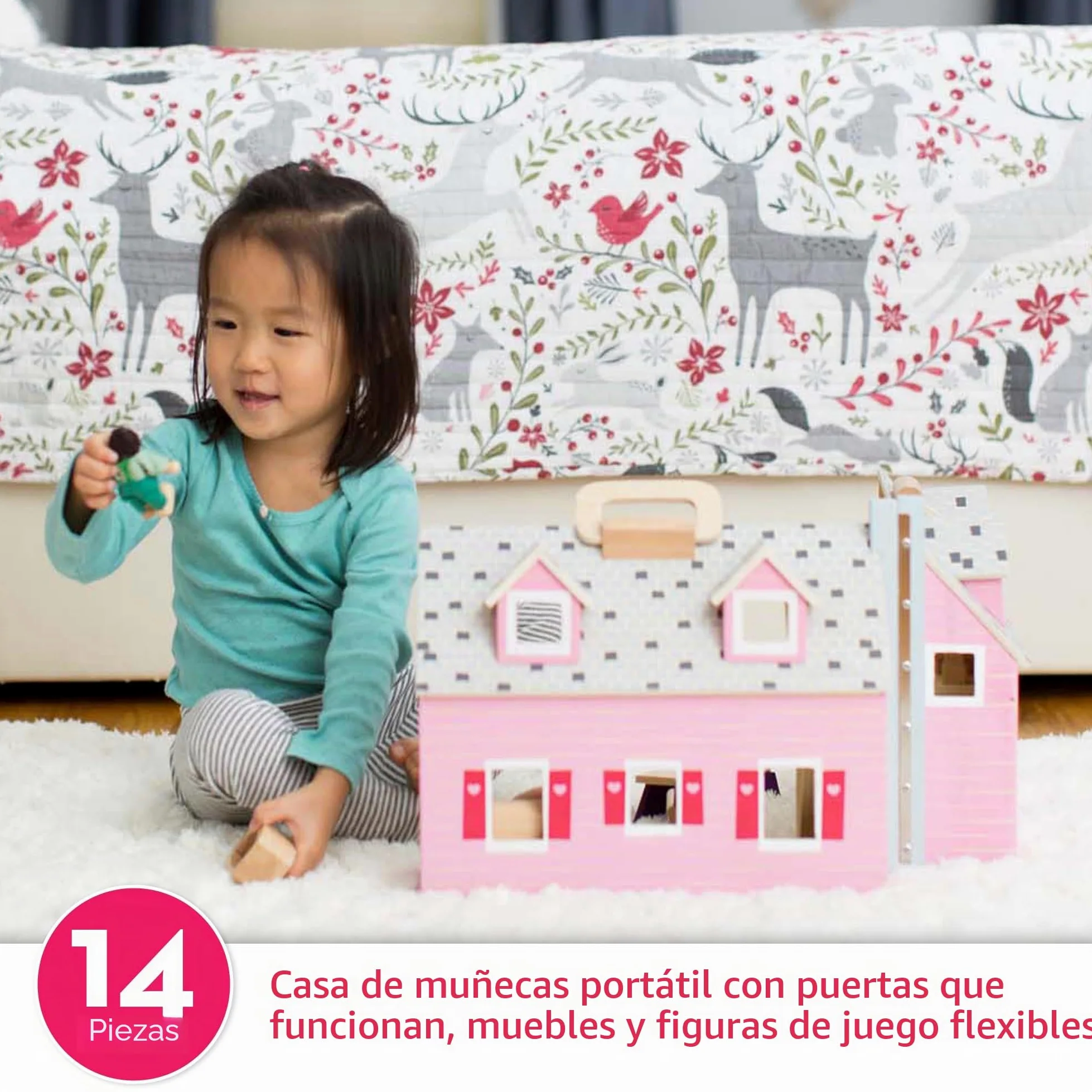 Melissa & Doug Casita de muñecas Plegable y portátil con Accesorios y 2 Figuras, Juguete de Madera, Juguetes de simulación, Montessori, Juego Creativo, Regalo para niños y niñas de 3 4 5 6 años