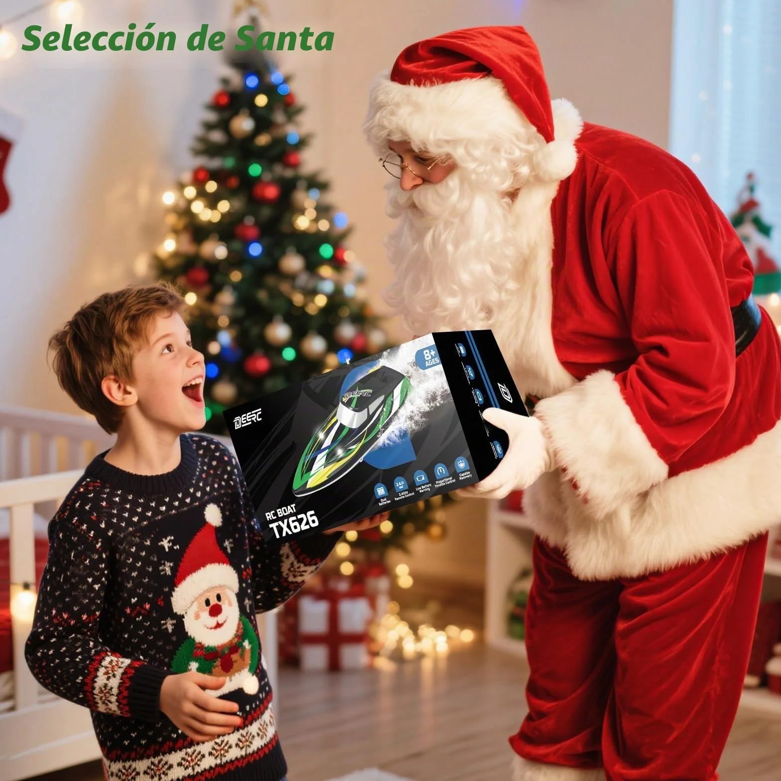 DEERC - Barco teledirigido de alta velocidad con luces LED, barco de carreras RC rápido autorectificador, 2 baterías para más de 24 minutos de autonomía, mando a distancia de 2,4 GHz, juguete para