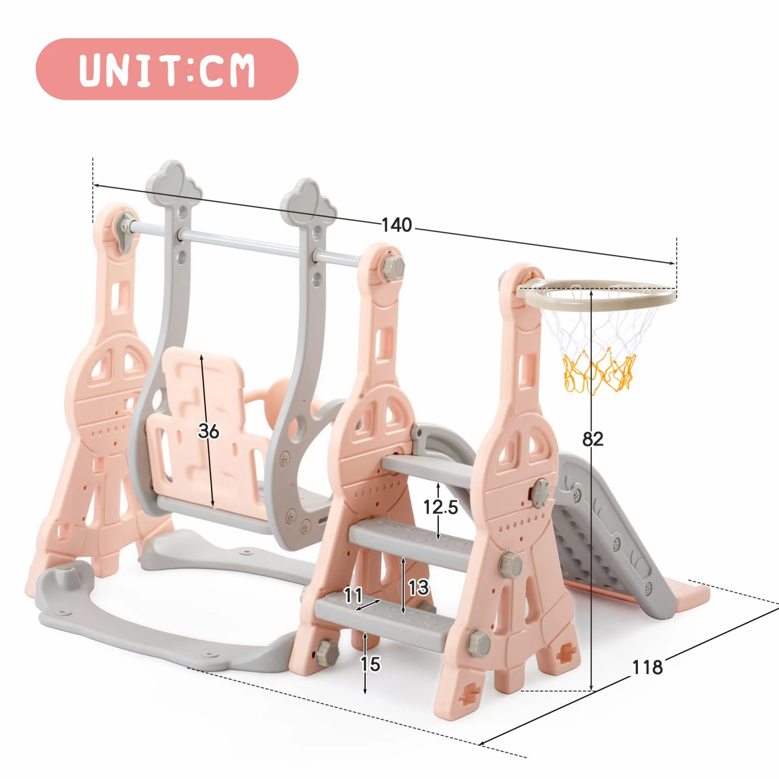 Tobogán infantil 4 en 1, columpio, juego de toboganes infantiles con escaleras, columpio, tobogán y soporte de baloncesto, rosa