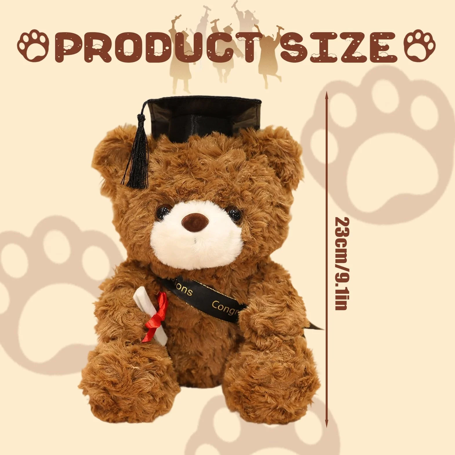 Oso de peluche de graduación con sombrero de doctorado, osito de graduación, regalo de graduación, 23 cm, amuleto de la suerte para graduación (marrón - negro)