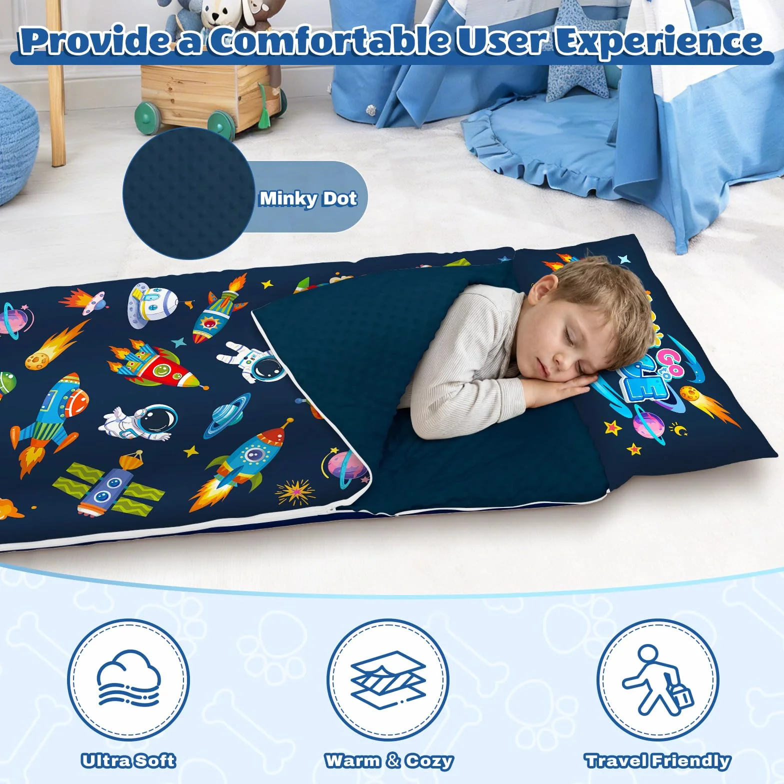 Saco de Dormir para Niños con Almohada, Tapete de Siesta para Niños y Niñas, Cálido Saco de Dormir de 150 x 60 cm, Tapete de Dormir Enrollable con Doble Cremallera