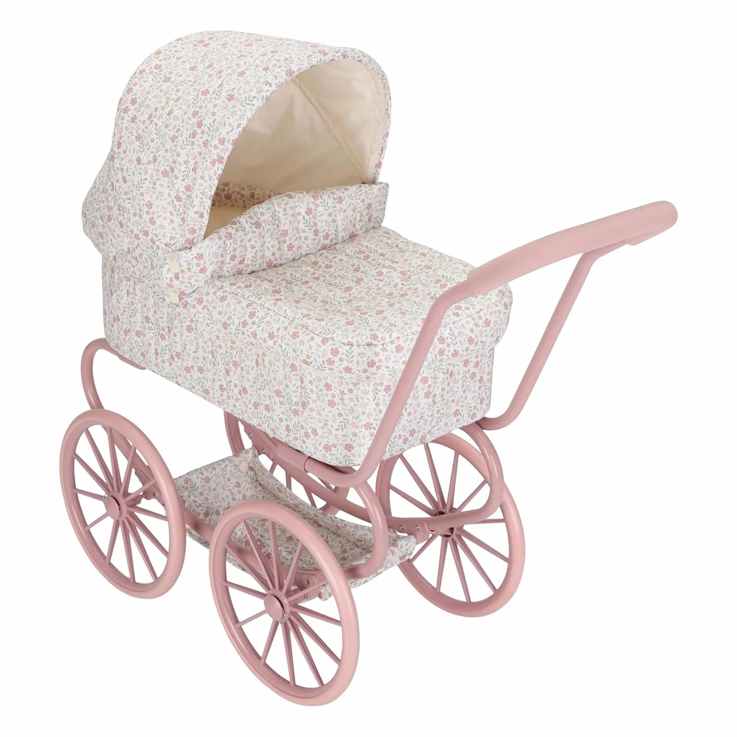 Little Dutch Cochecito de metal para muñecas con ruedas grandes, capota y cesta, hasta 46 cm - Flores blancas/rosa