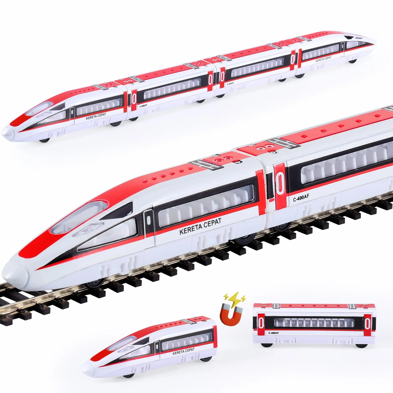 VBACALA Tren de Juguete Magnético para Niños, 4 Piezas con Locomotoras y Vagones, Juego Educativo con Función de Retroceso, Regalo Ideal para Pequeños Conductores para Niños +3 Años