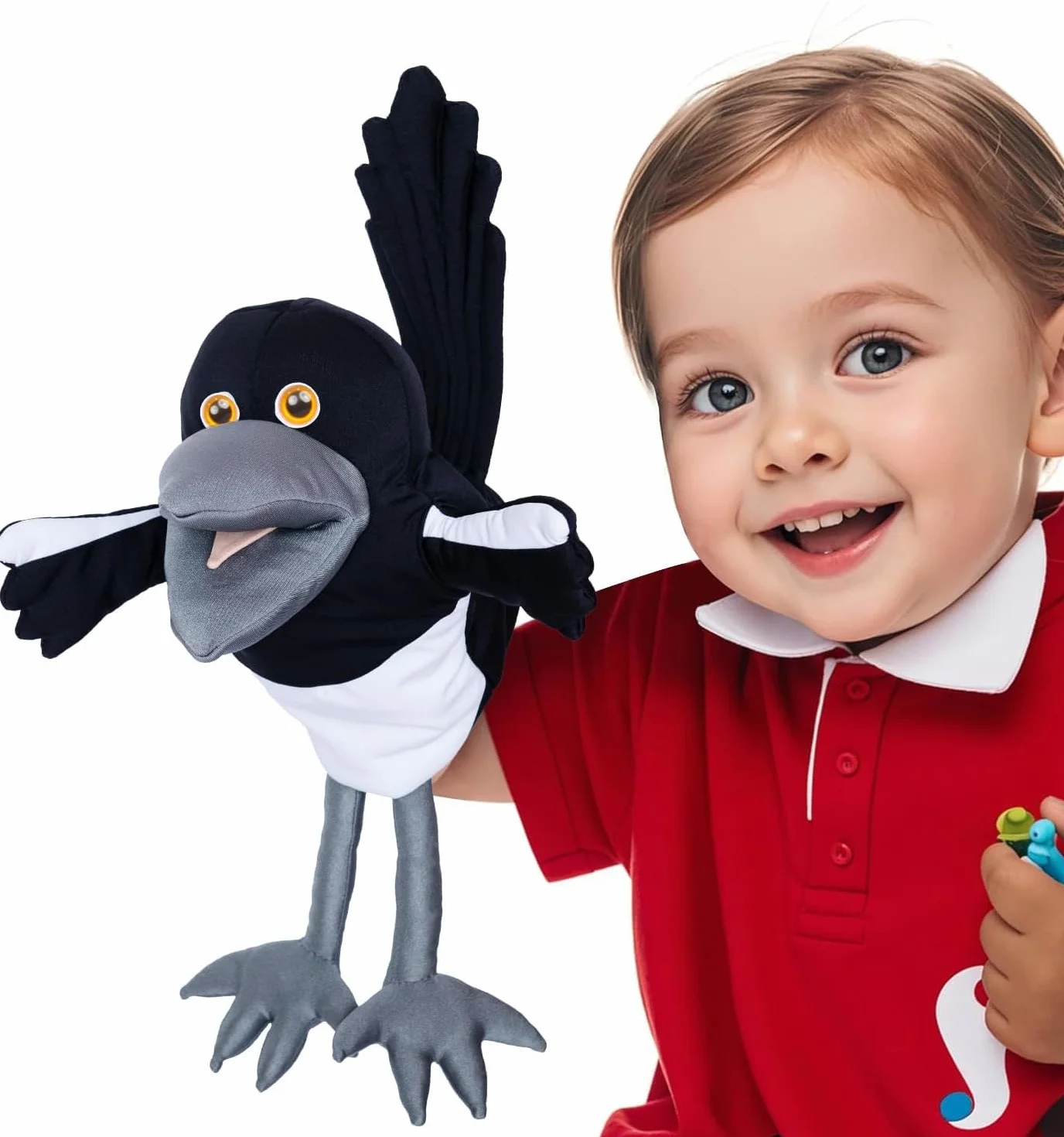 Muñeco de peluche Steve y Maggie – Marioneta de mano Maggie la Urraca para niños a partir de 1 año, suave marioneta de pájaro para juegos de rol, canciones infantiles y aprendizaje (PEQUEÑO)
