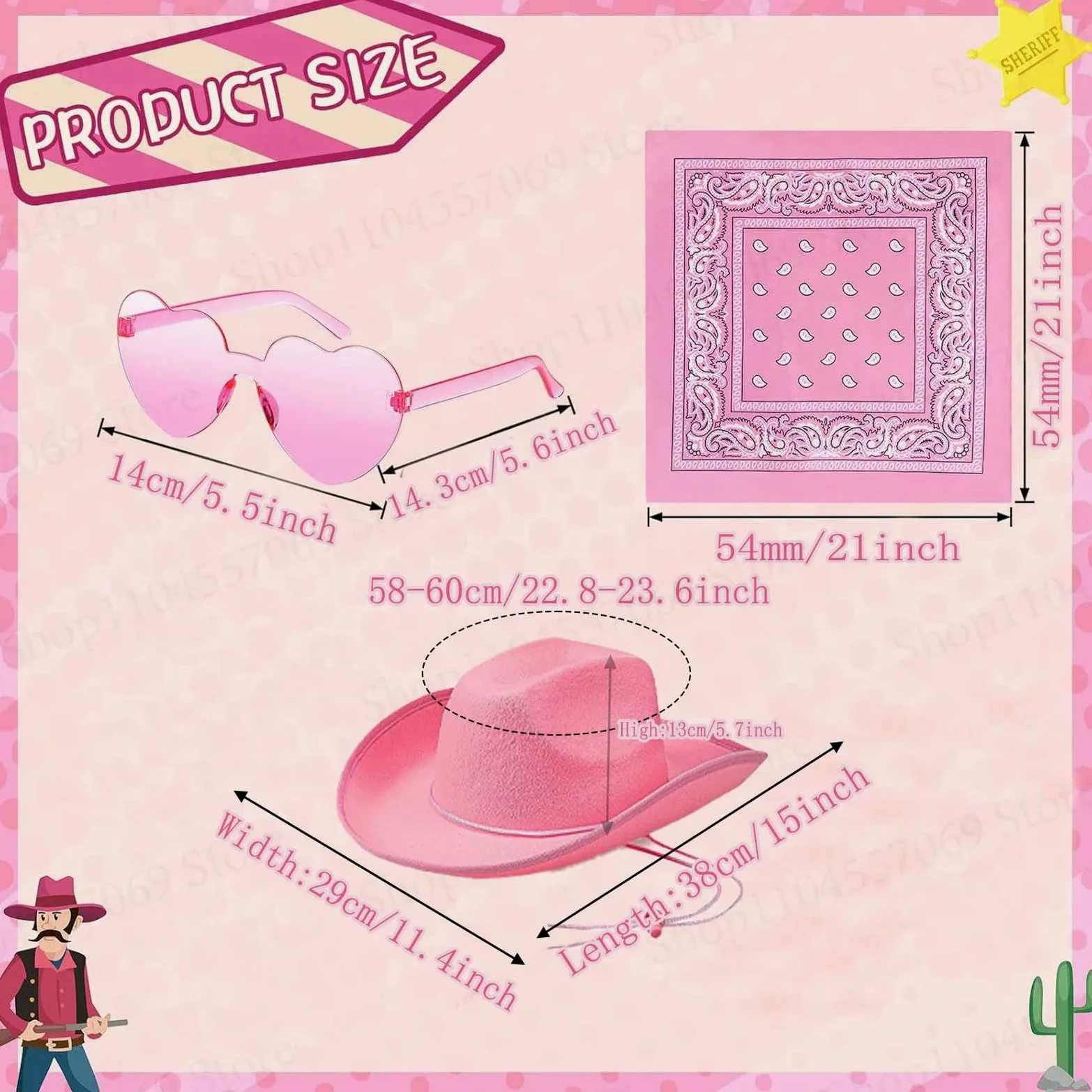 Gorro Pescador Negro Cowboy Hat Heart Gafas De Sol Paisley Bandana Set, Mujeres Soltero Kit Disfraz Fiesta, Estilo Occidental-Pink Set-24pcs