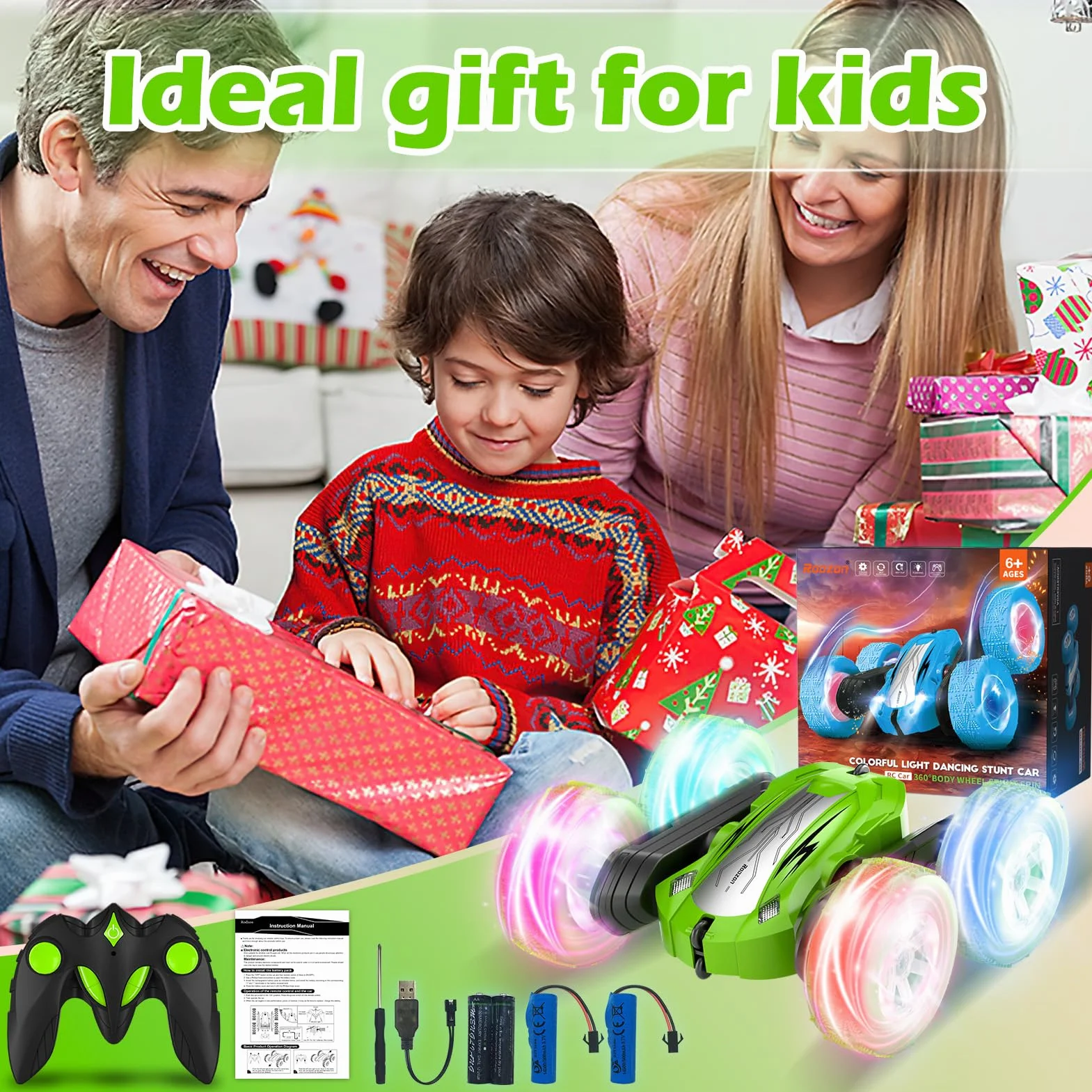 Coche Teledirigido 2.4Ghz 360 Grados Rotación Acrobático Juguete Regalo 6-12 Años Niños Niña Incluye Batería Recargable Verde