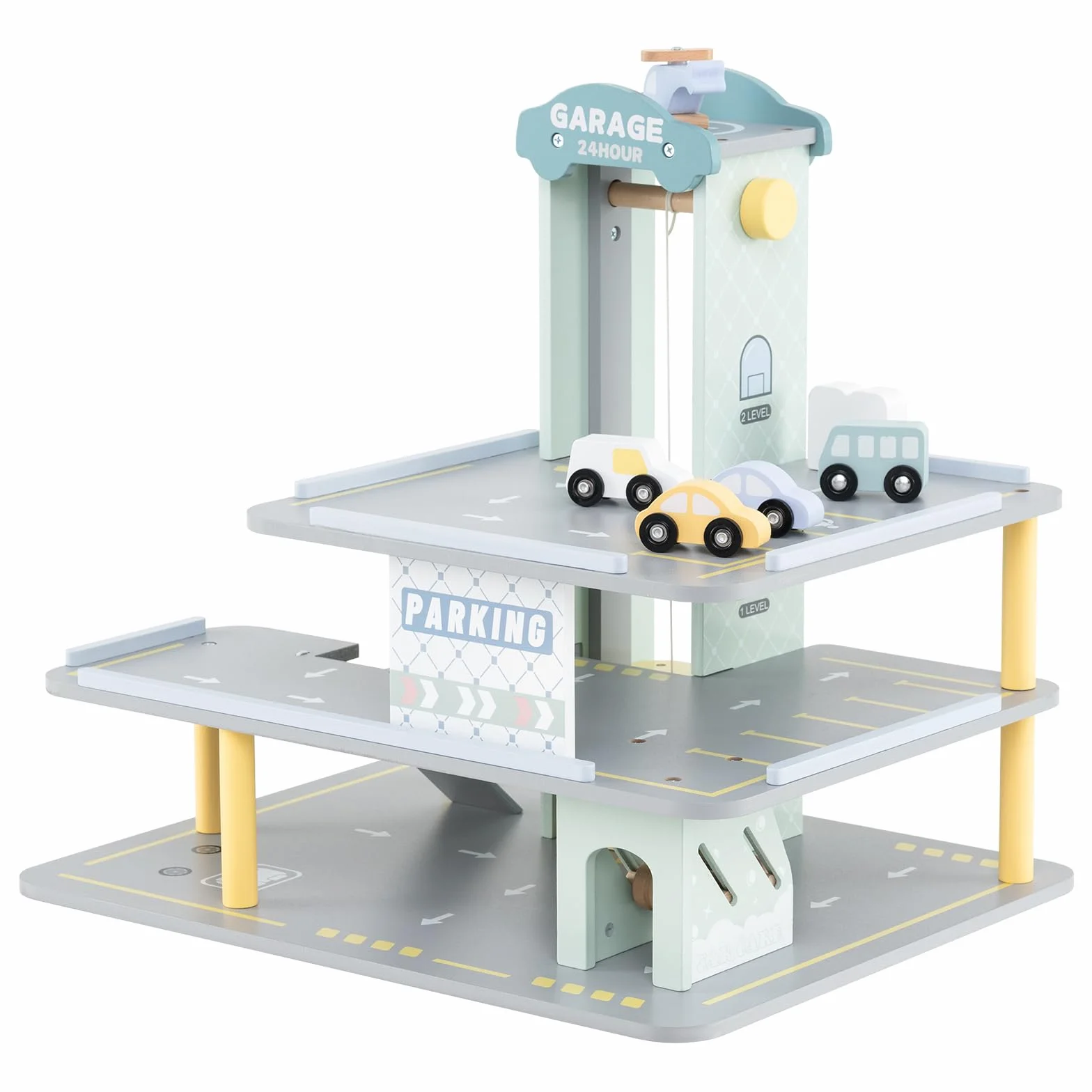 COSTWAY Parking Infantil de 3 Plantas, Garaje de Juguete de Madera con 4 Autos, Helipuerto, Gasolinera, Elevador, Lavado de Autos y Varilla Elevadora, Juguetes Educativos de Roles para Niños