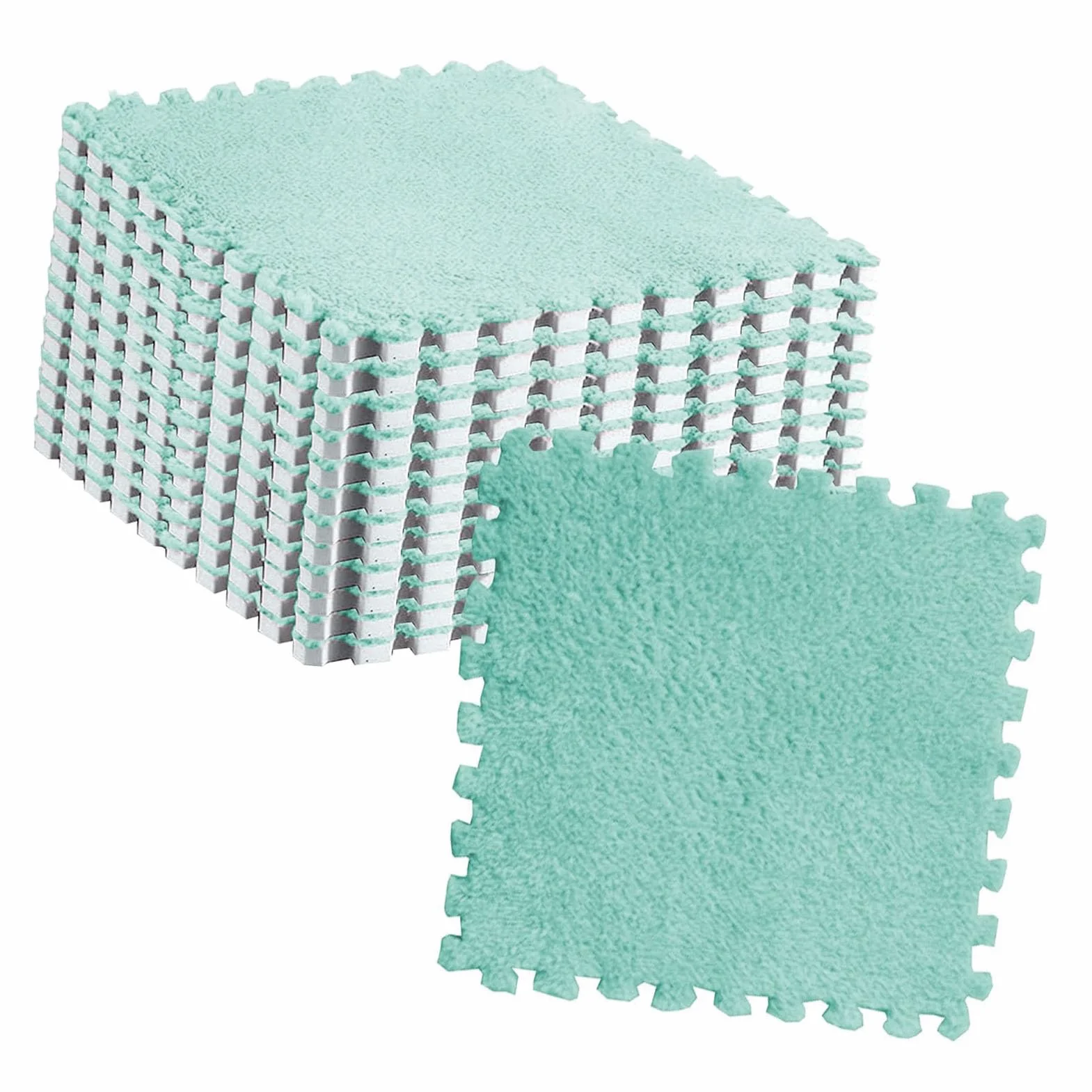 10 Uds. Alfombra de Espuma de Rompecabezas de Felpa de 30x30cm/11,8x11,8 Pulgadas, Alfombra Antideslizante para el Suelo de la Habitación (Menta verde)