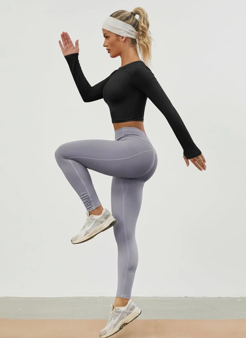 Fisoew Camiseta deportiva mujer UPF 50+ protección solar manga larga cuello redondo yoga entrenamiento crop transpirable ajustada