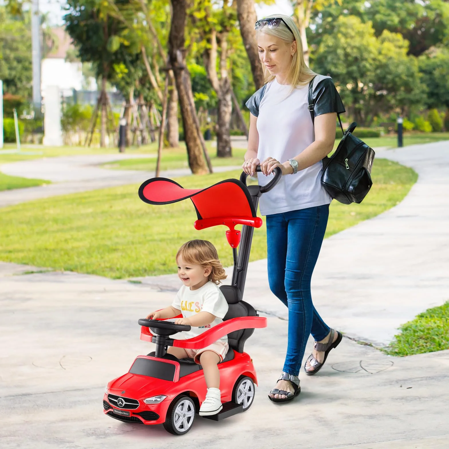 COSTWAY Coche Correpasillo 3 en 1 para Niños, Coche de Juguete con Barra de Empuje y Capota Ajustable, Coche con Pedal y Bocina para Niños de 18-36 Meses con Sonido (Rojo)