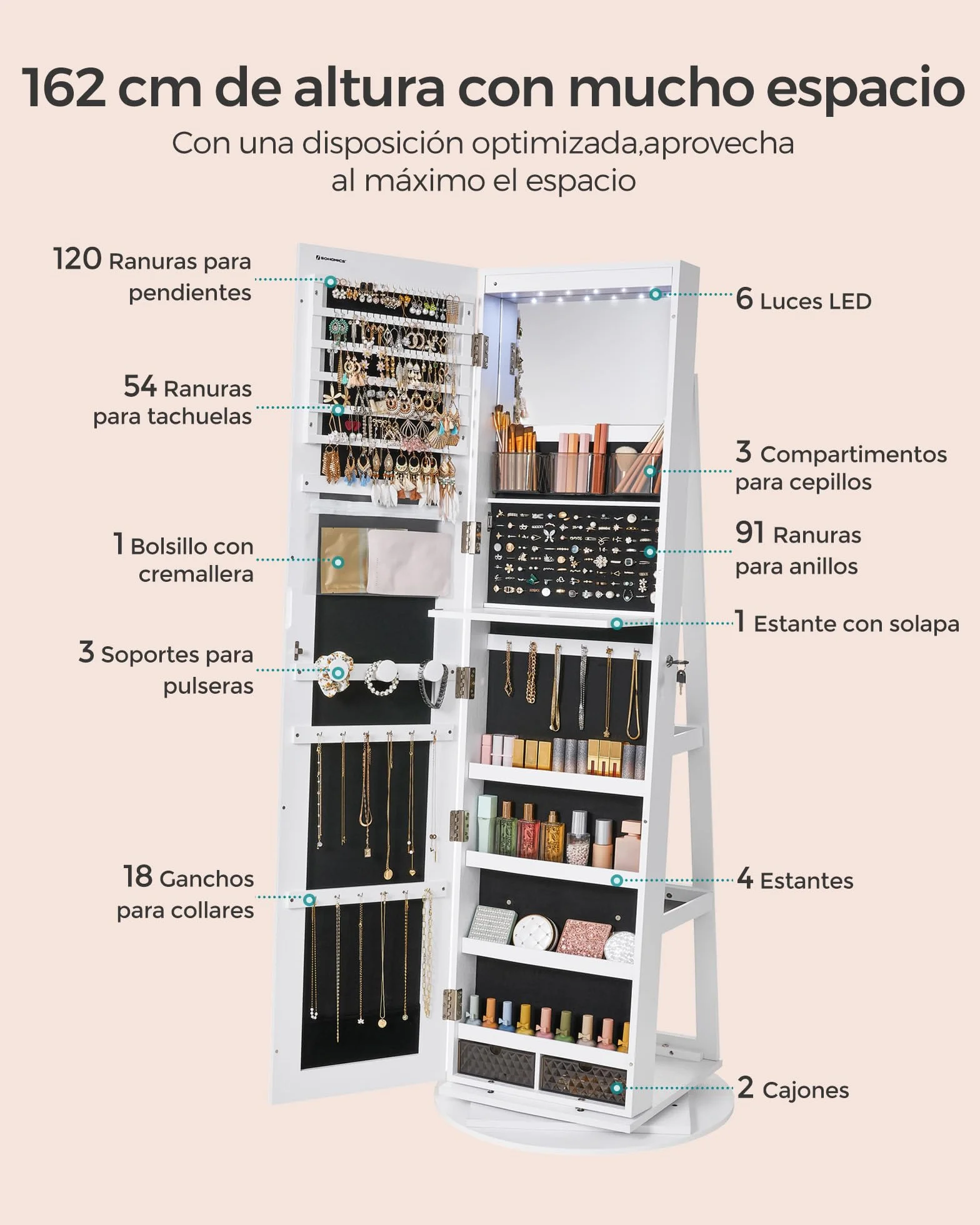 SONGMICS Espejo Joyero con 6 LEDs, Armario de Joyas de Giro de 360°, Organizador de Joyas Giratorio, sin Marco, Espejo Completo con Almacenaje, Superficie Blanco y Forro Negro JJC007W01