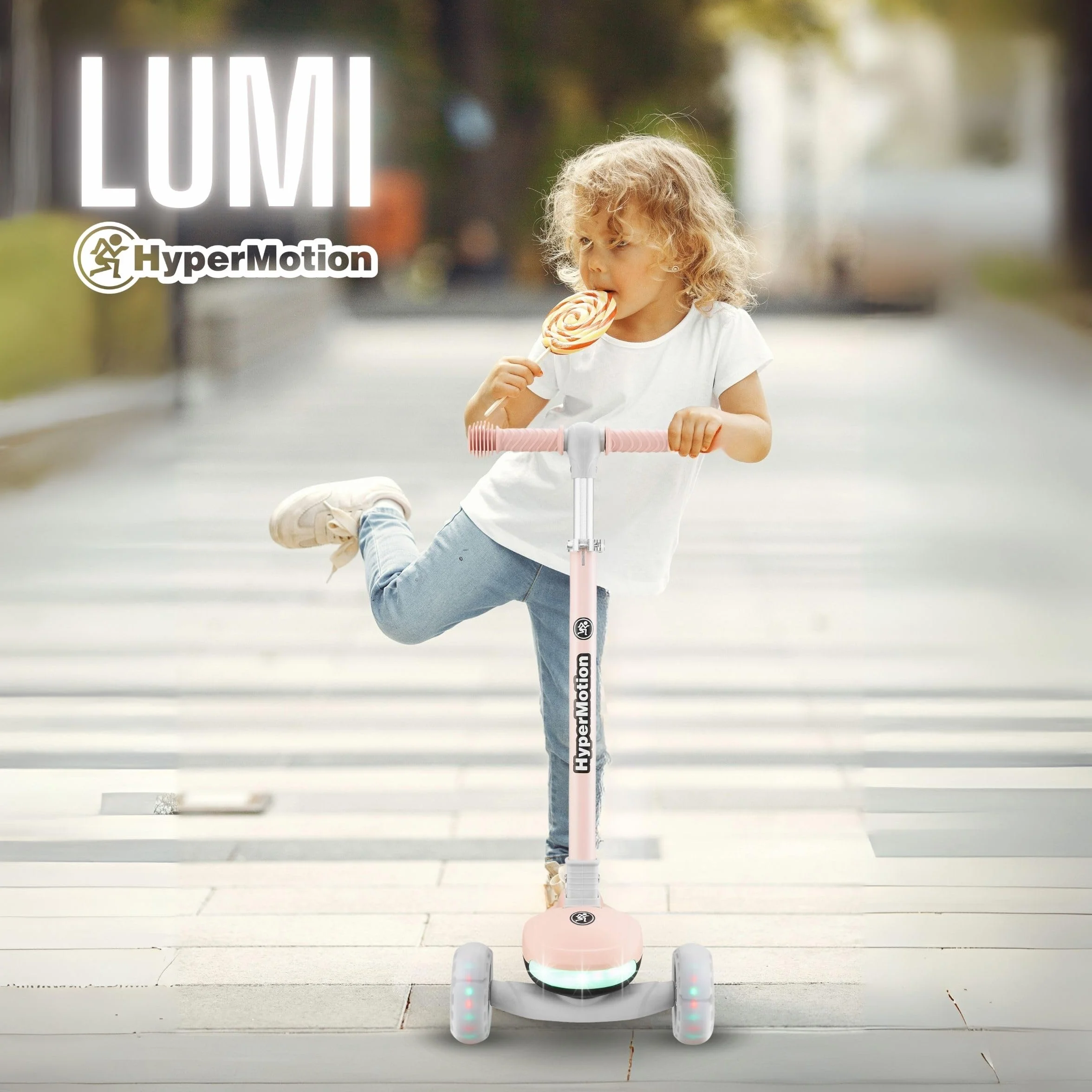 HyperMotion Patinete para niños con Luces LED 3 en 1 LUMI, Asiento Ajustable, Plegable, Ruedas de PU, Manillar T-Bar, hasta 50 kg, Desde 1 año, Uso Interior y Exterior (Rosa)