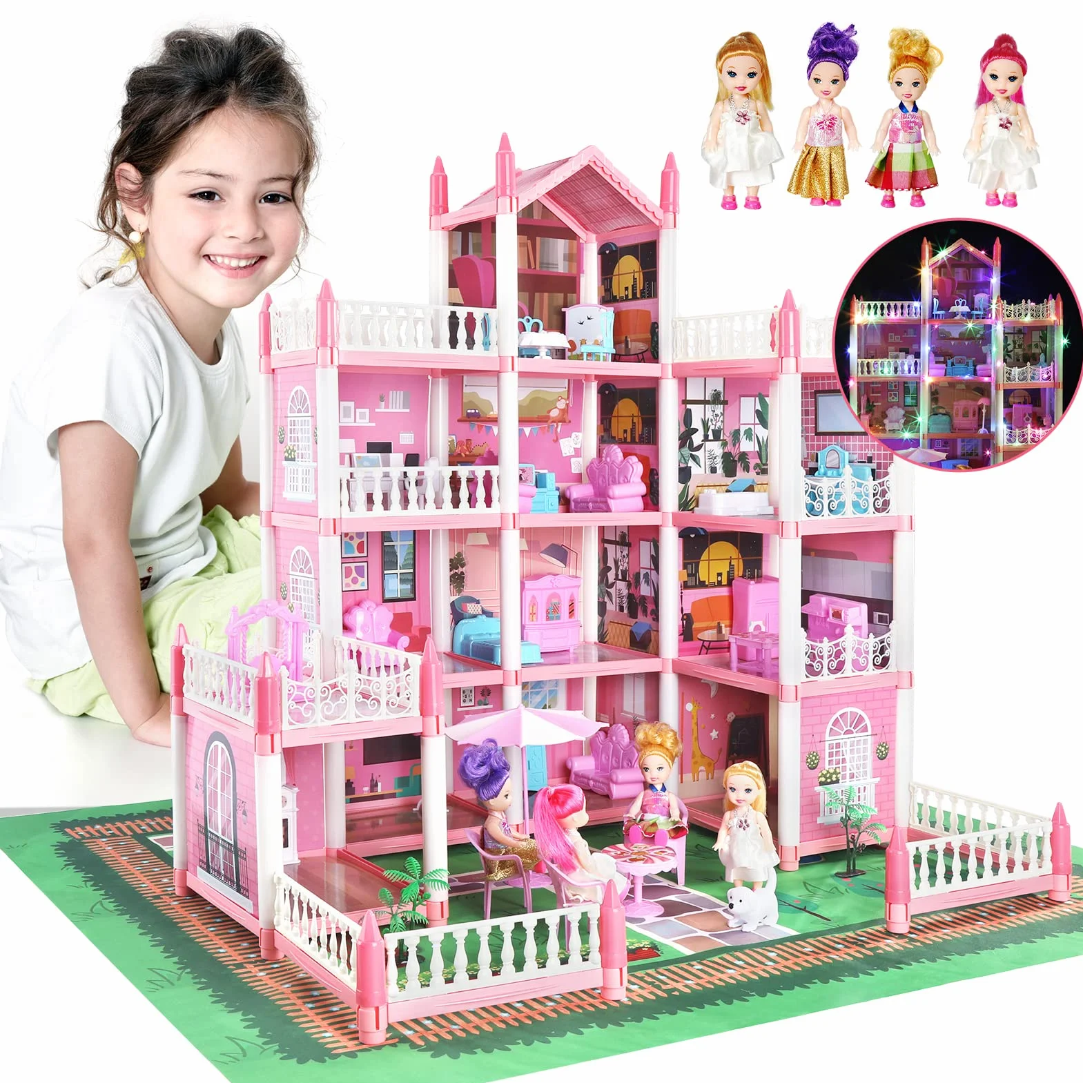 Casa de Muñecas para Niñas,Juguetes Niña 4 Años,Casa de Princesa de Ensueño con Muñeca y Luces,Regalo De Juguete para niños