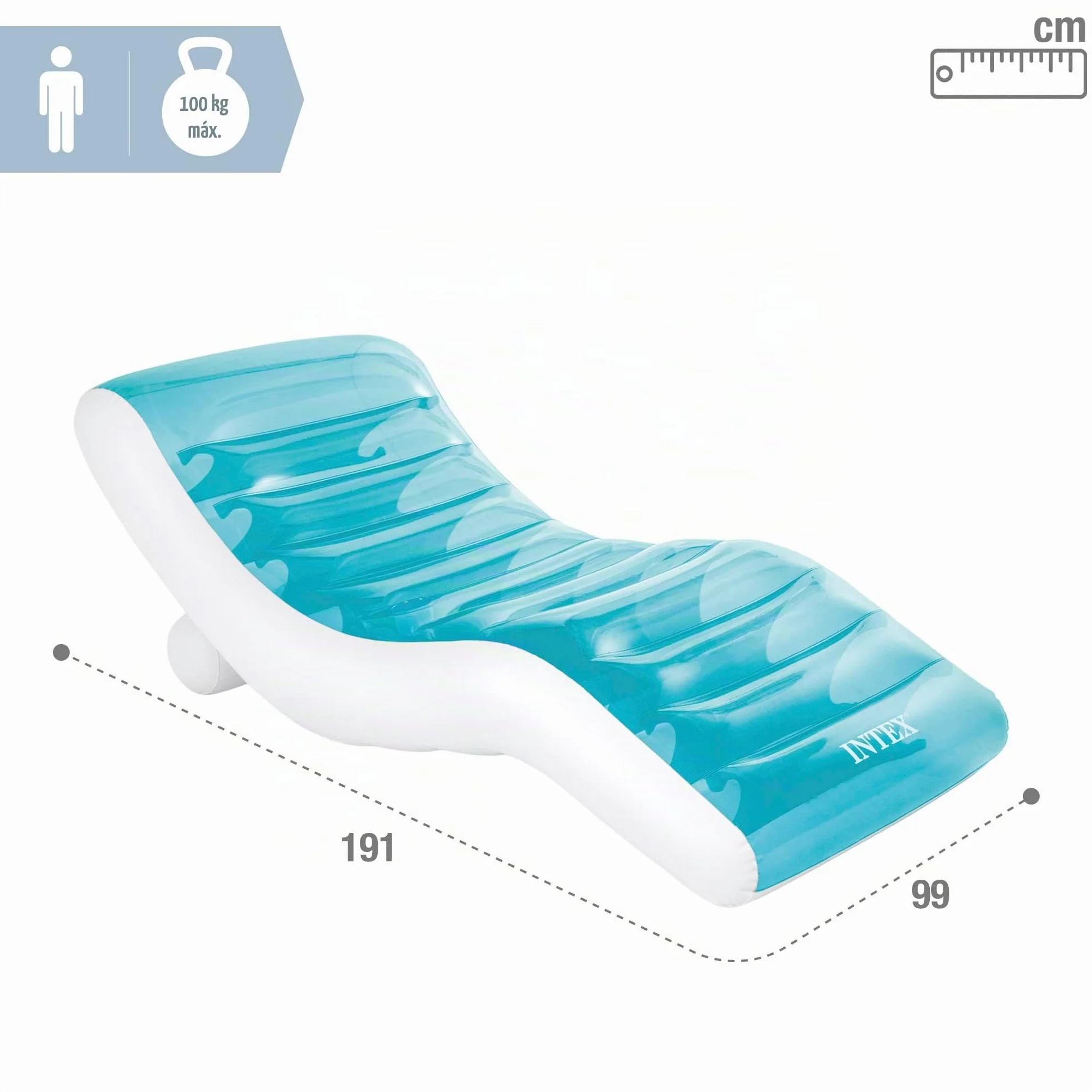 Intex 56874 Splash Lounge Colchoneta Hinchable, Flotador para Piscina, Capacidad 1 Persona, Peso Máximo Soportado 100 kg, Medidas 99x191 cm, con Porta Bebidas, Splash Azul