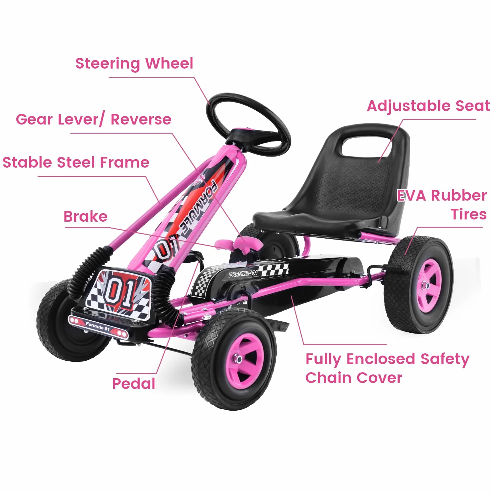 GOPLUS Kart con Pedal Infantil, Asiento Ajustable, Avanzar y Retroceder, con Embrague y Freno, Pedales Antideslizantes, 4 Ruedas, Bicicletas y Vehículos para Niños de 3-8 Años (Rosa)