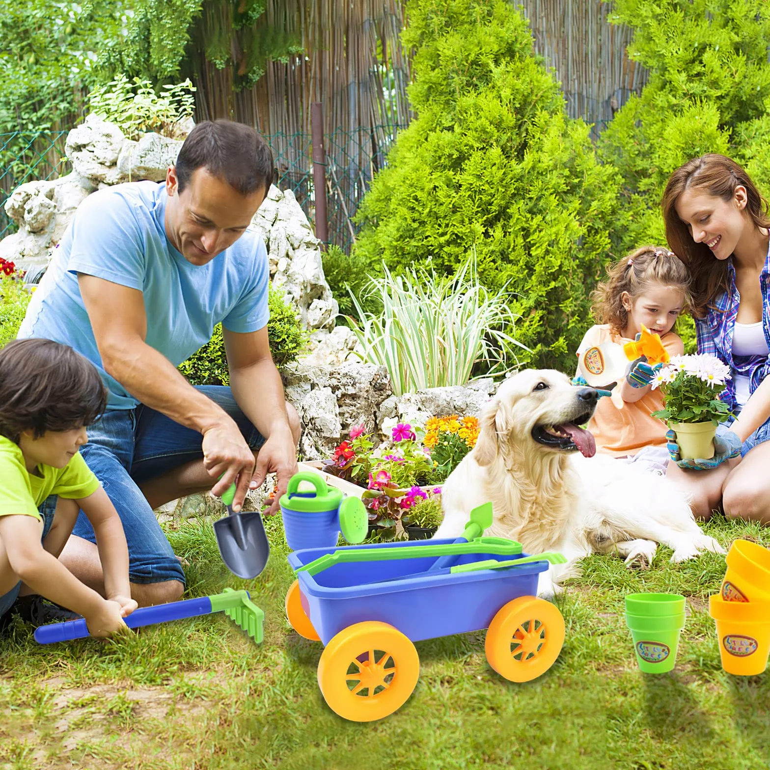 deAO Carretilla y Herramientas de Jardín para Niños y Niñas - Juego de Juego con Herramientas de jardinería, Incluye 10 Accesorios y 4 Macetas para Plantas (Azul)