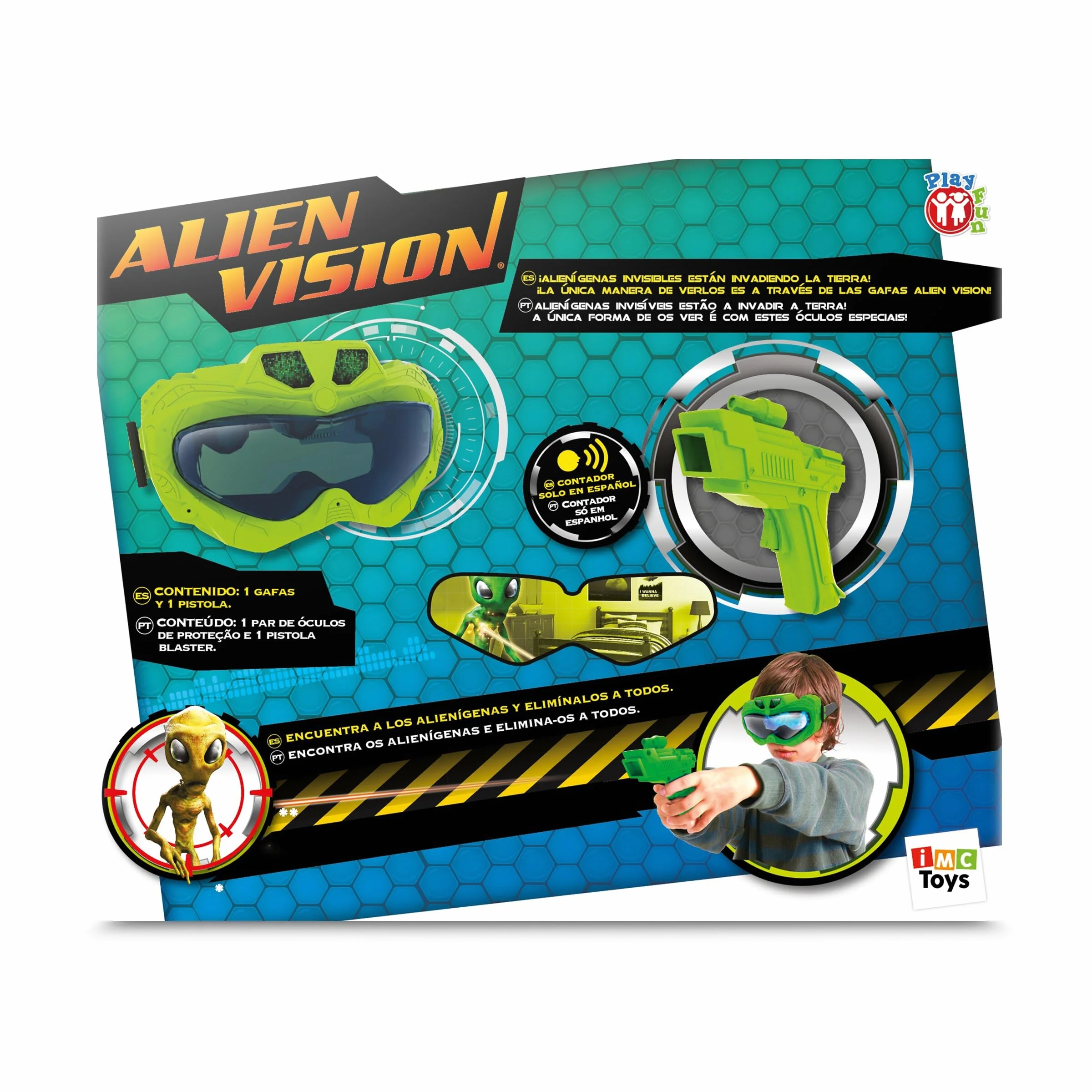 PLAY FUN BY IMC TOYS Alien Vision, Juego Interactivo con Máscara 3D y Pistola Láser, Diviértete Eliminando Aliens y Superando Niveles, Juguete Regalo para Niños y Niñas de+5 Años