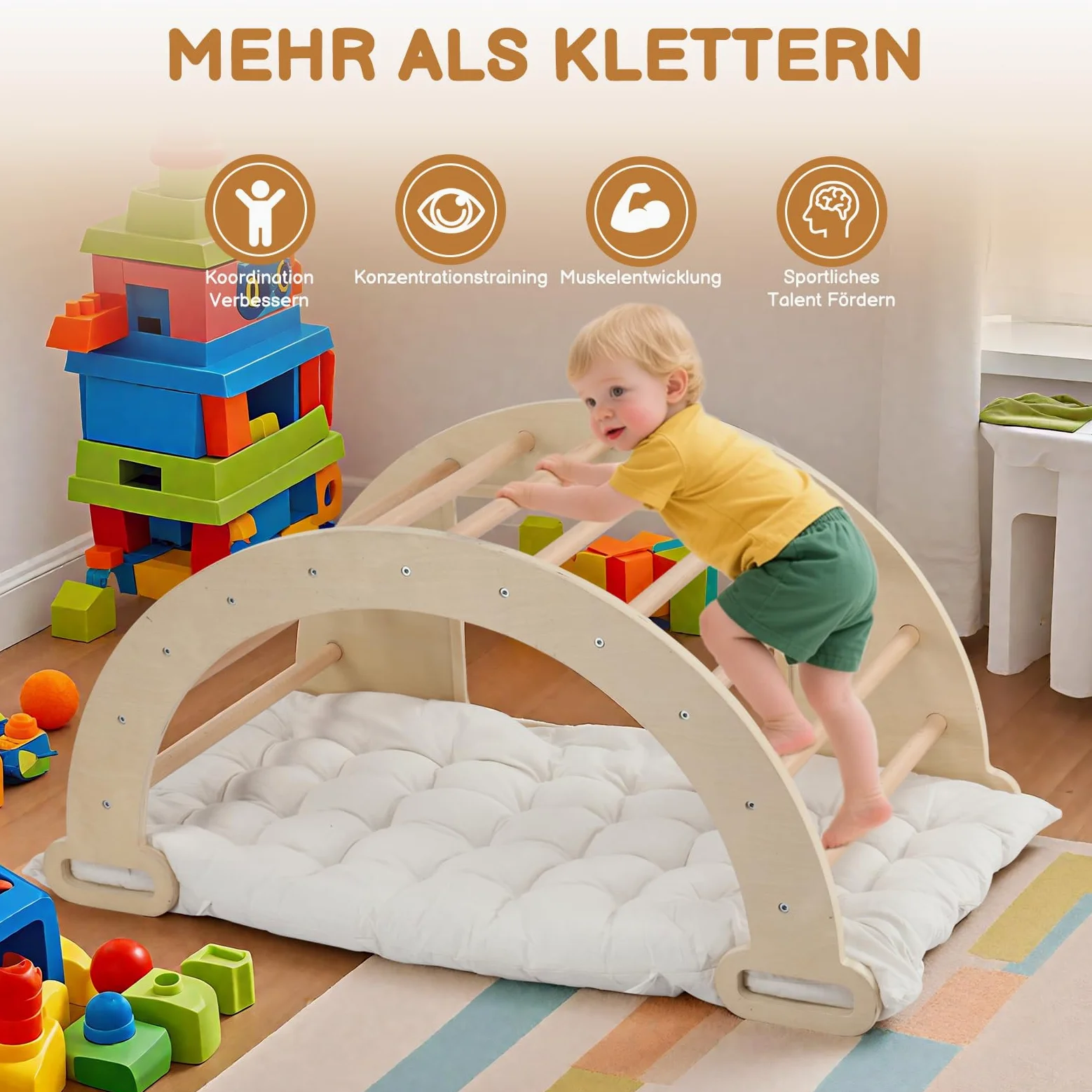 LEADZM Arco de escalada 5 en 1 para niños, mecedora con cojín y mesa sensorial, juguete de escalada Montessori con bandeja plegable y pizarra, centro de juegos motrices para bebés